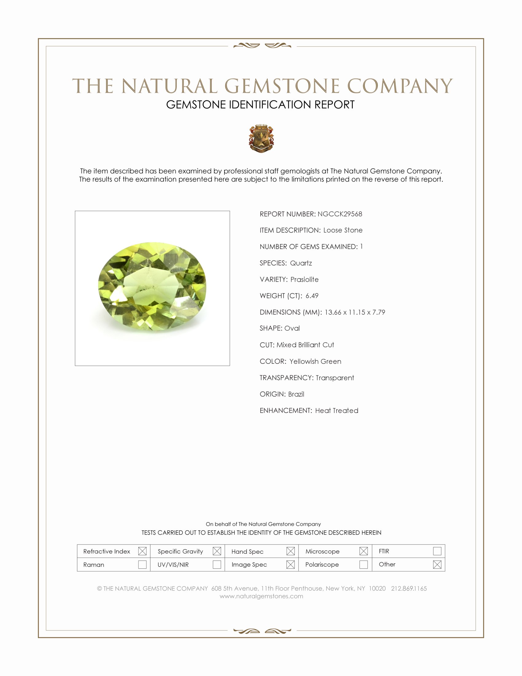 6.49 Ct. Yellowish Green Prasiolite from Brazil