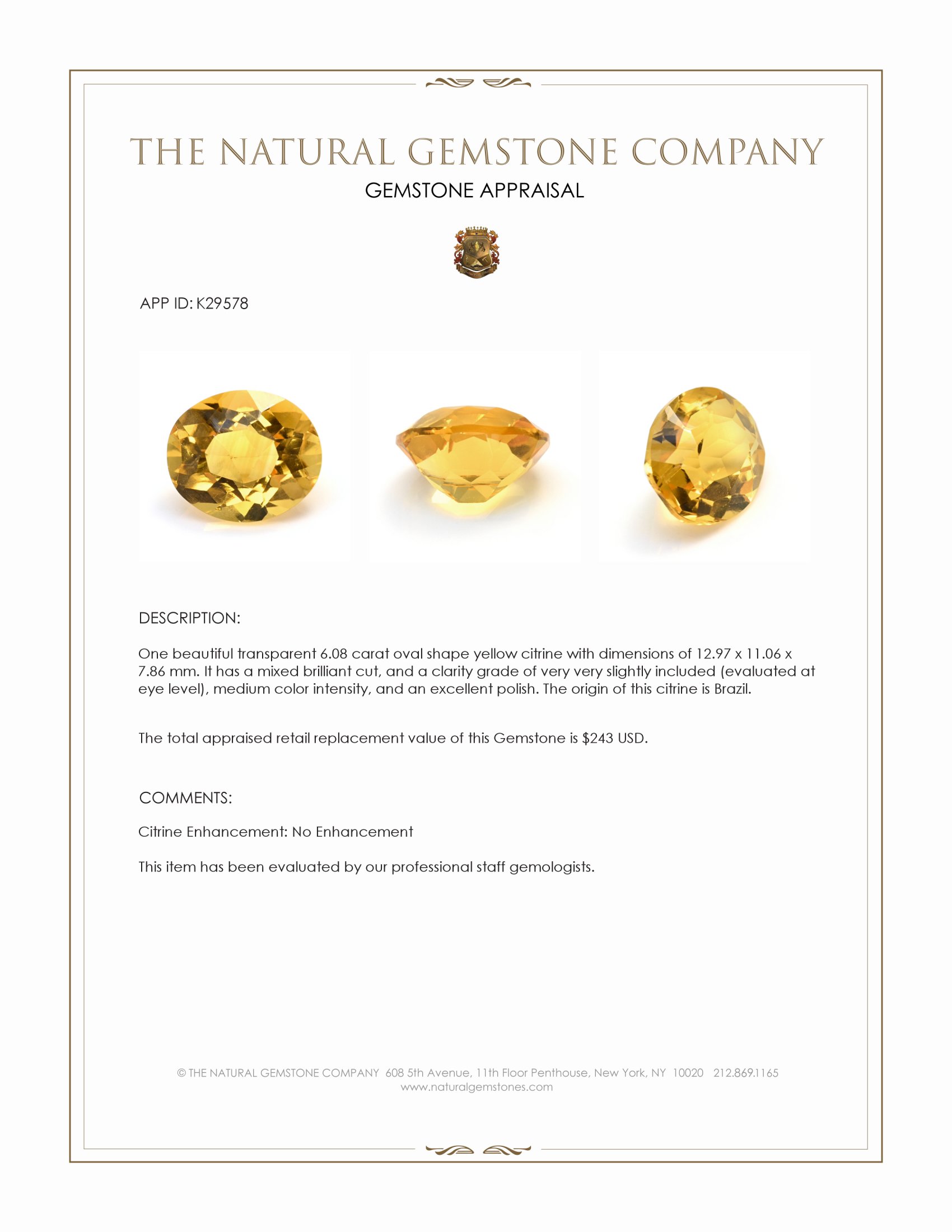 6.08 Ct. Yellow Citrine from Brazil