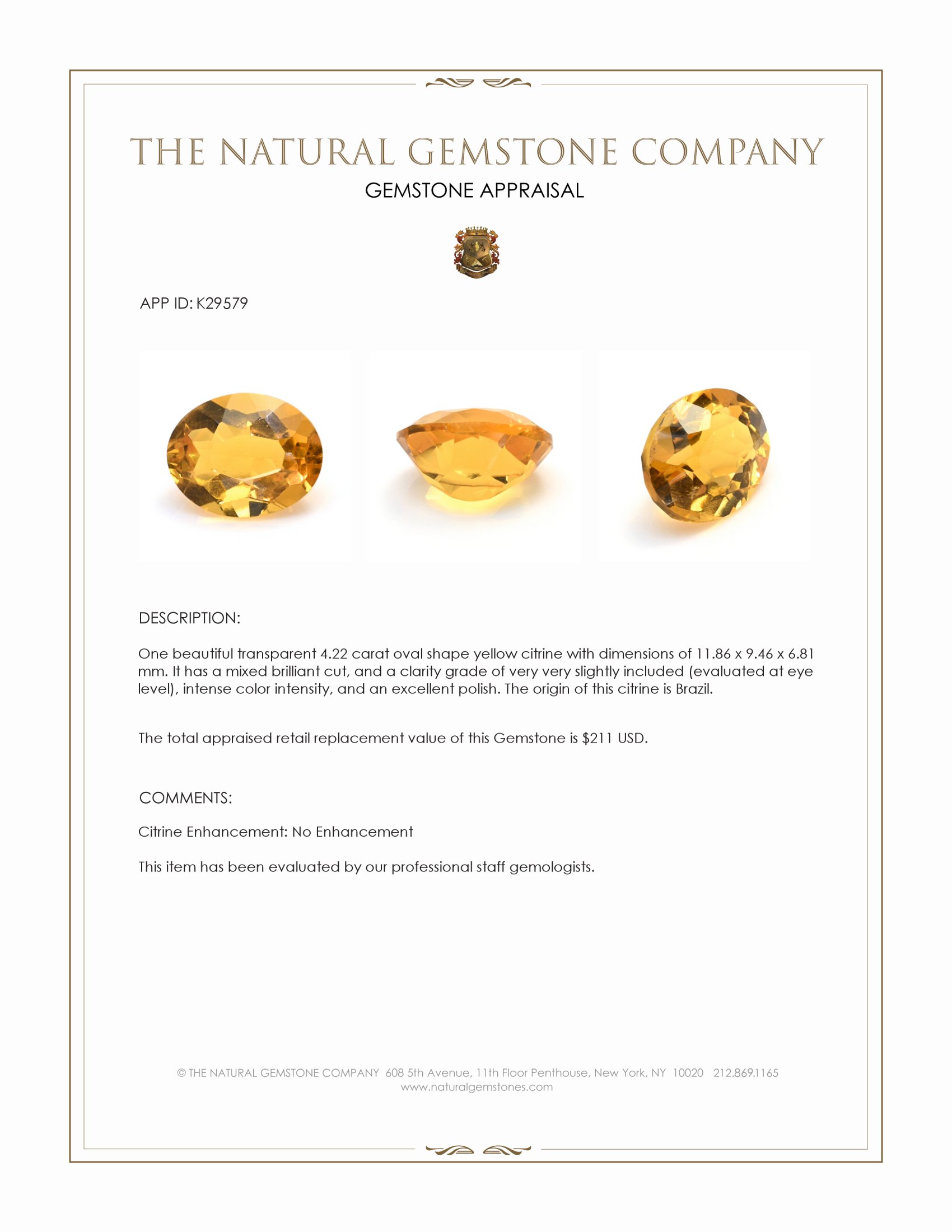 4.22 Ct. Yellow Citrine from Brazil