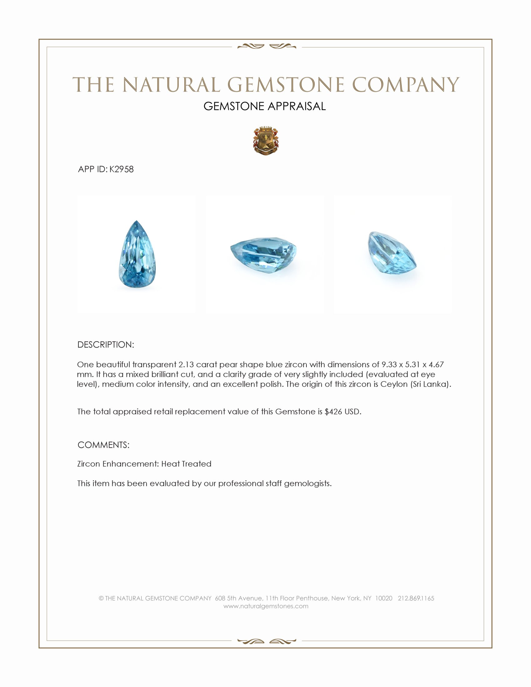 2.13 Ct. Blue Zircon from Ceylon (Sri Lanka)
