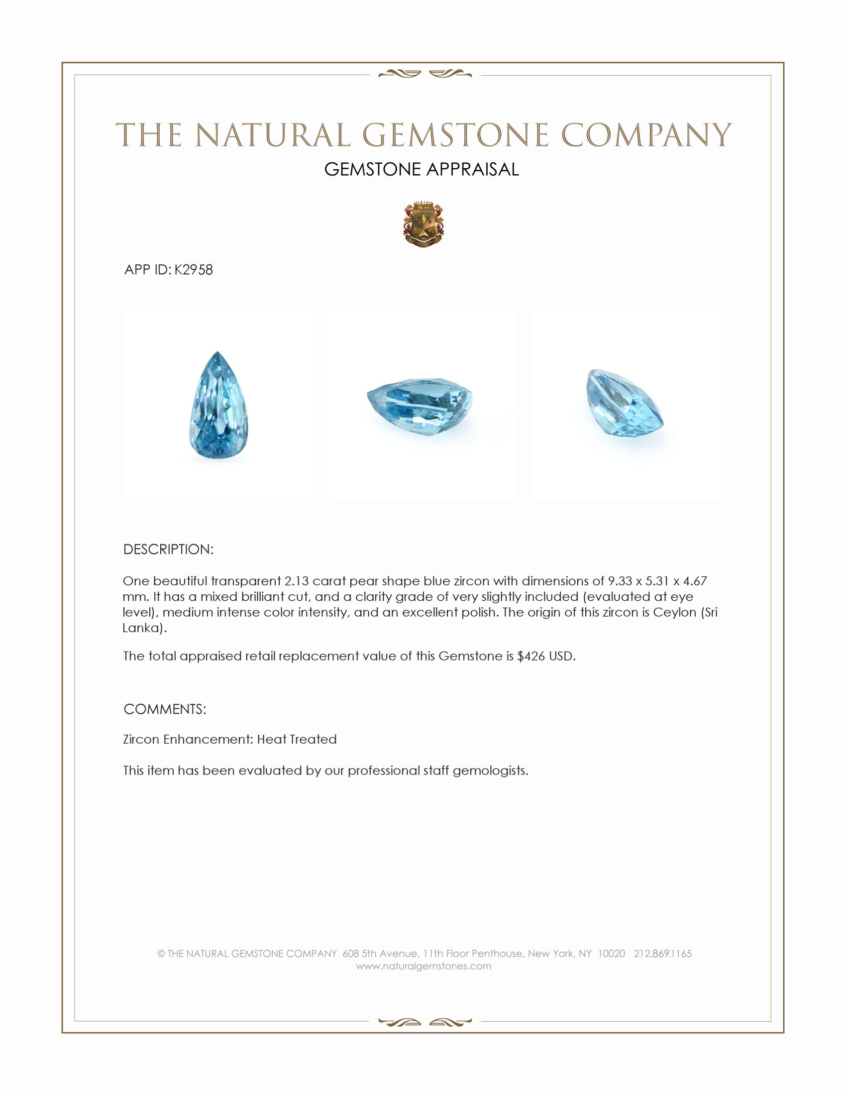 2.13 Ct. Zircon from Ceylon (Sri Lanka)