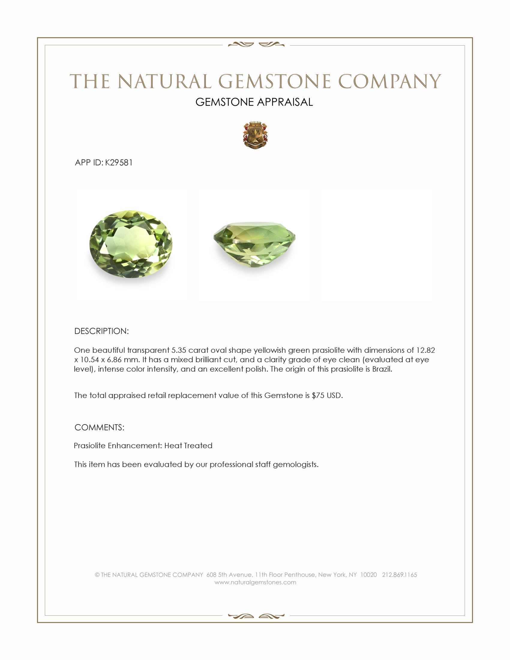 5.35 Ct. Yellowish Green Prasiolite from Brazil