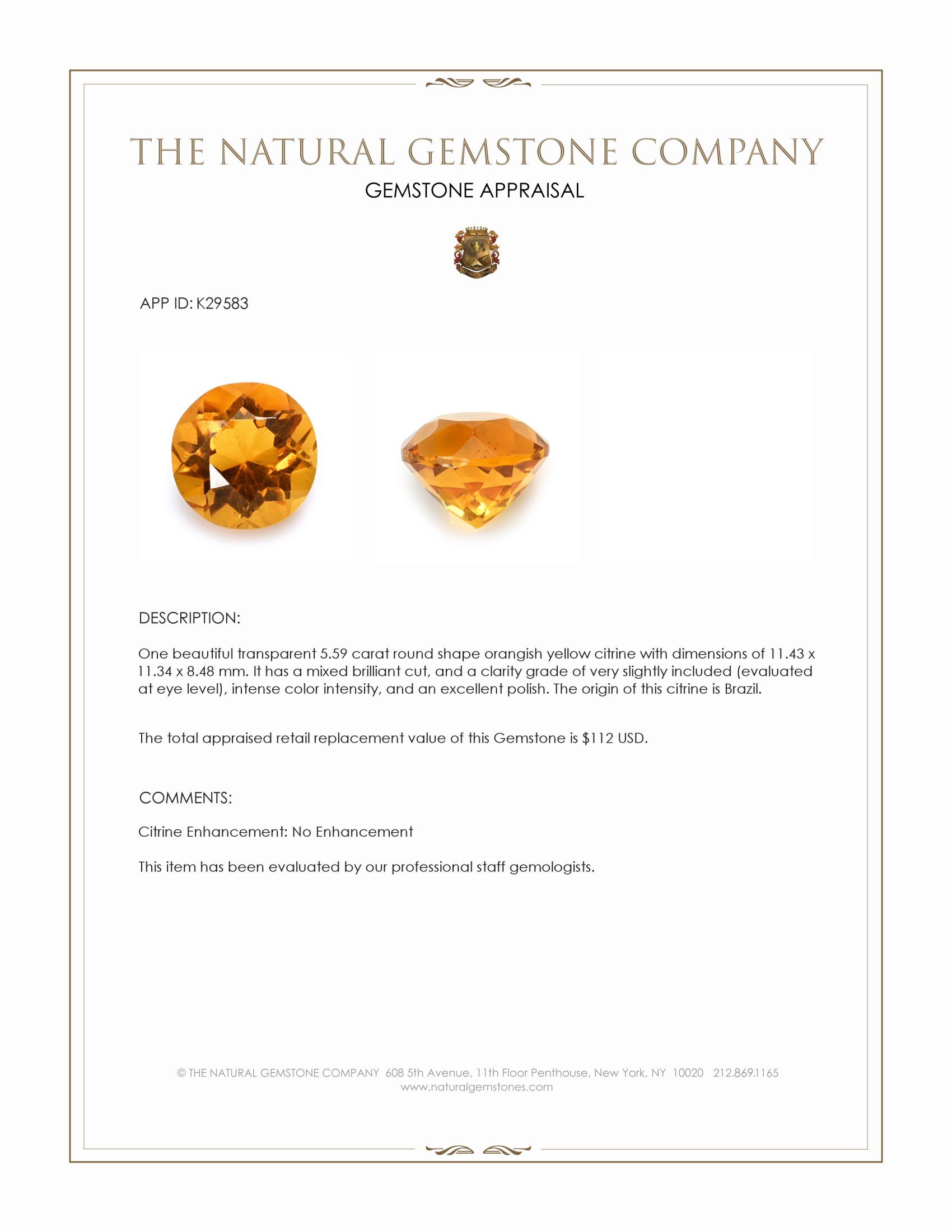 5.59 Ct. Orangish Yellow Citrine from Brazil