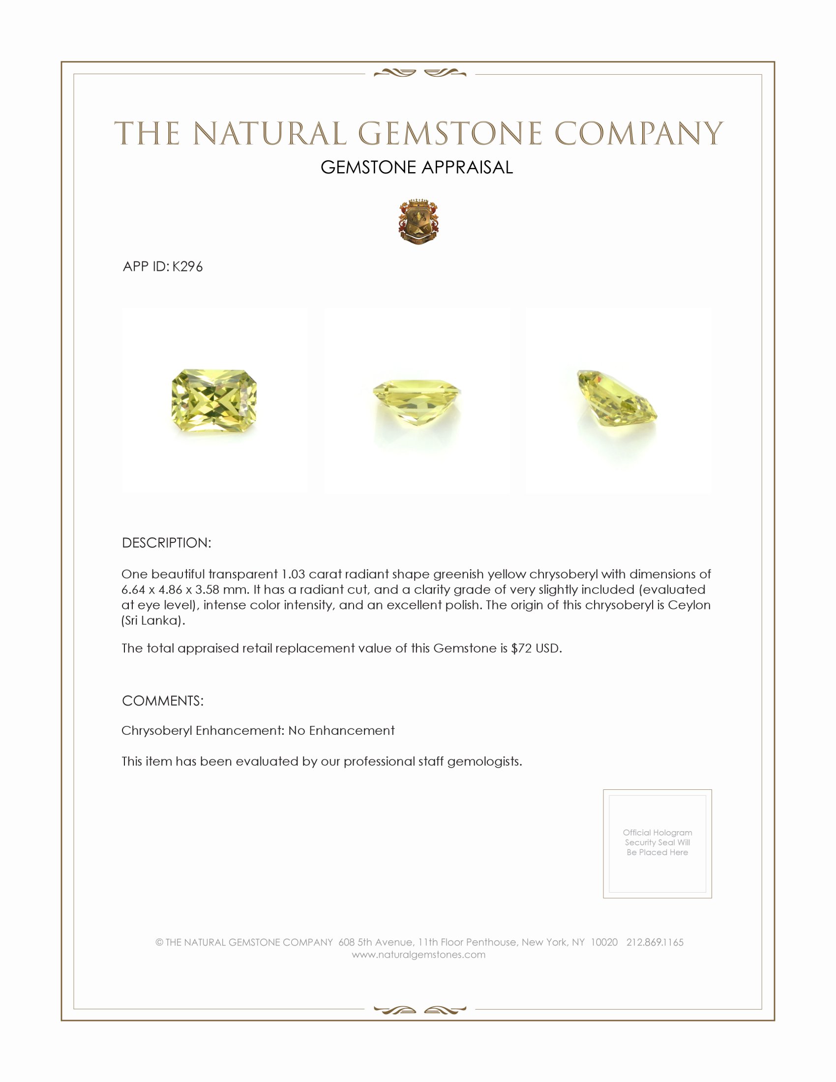 1.03 Ct. Chrysoberyl from Ceylon (Sri Lanka)