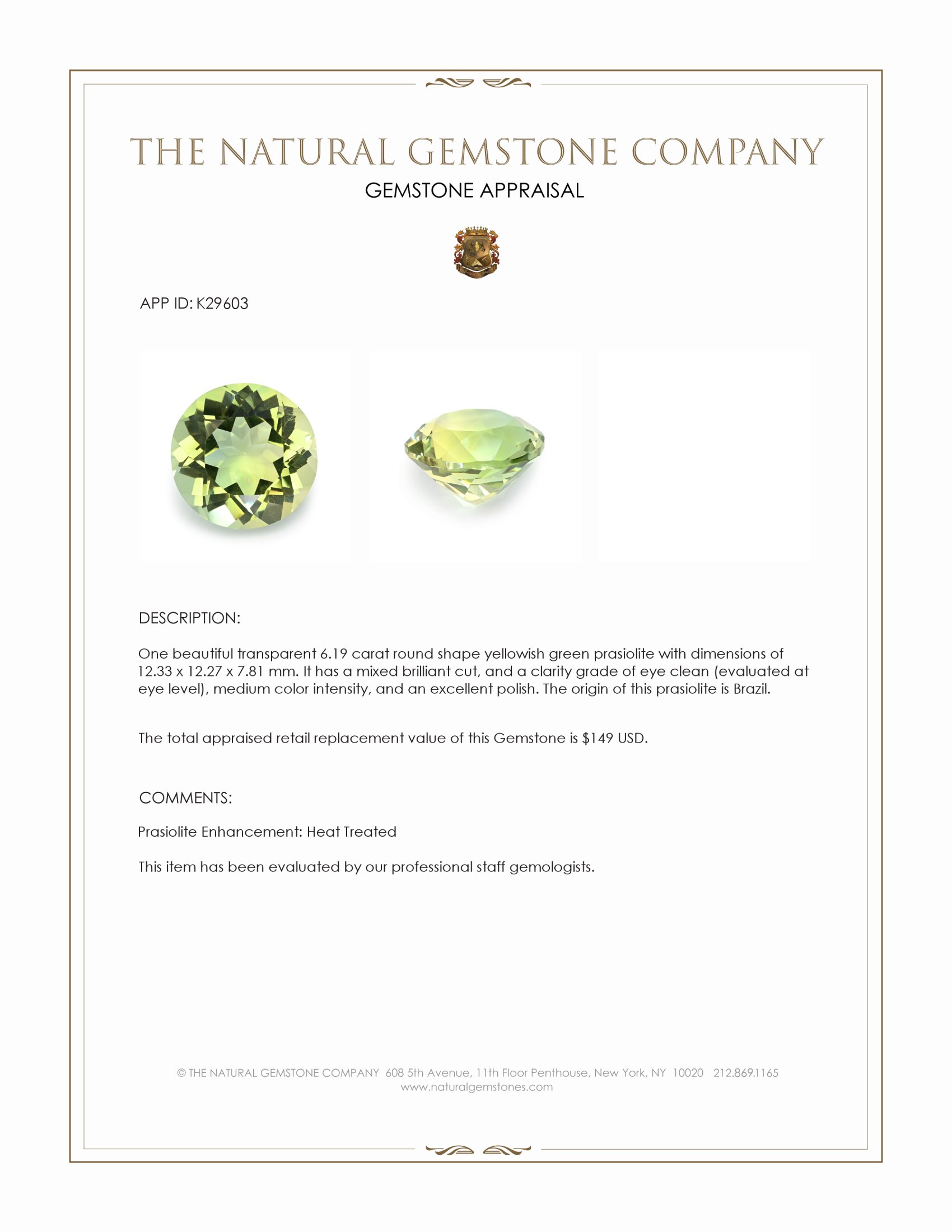 6.19 Ct. Yellowish Green Prasiolite from Brazil
