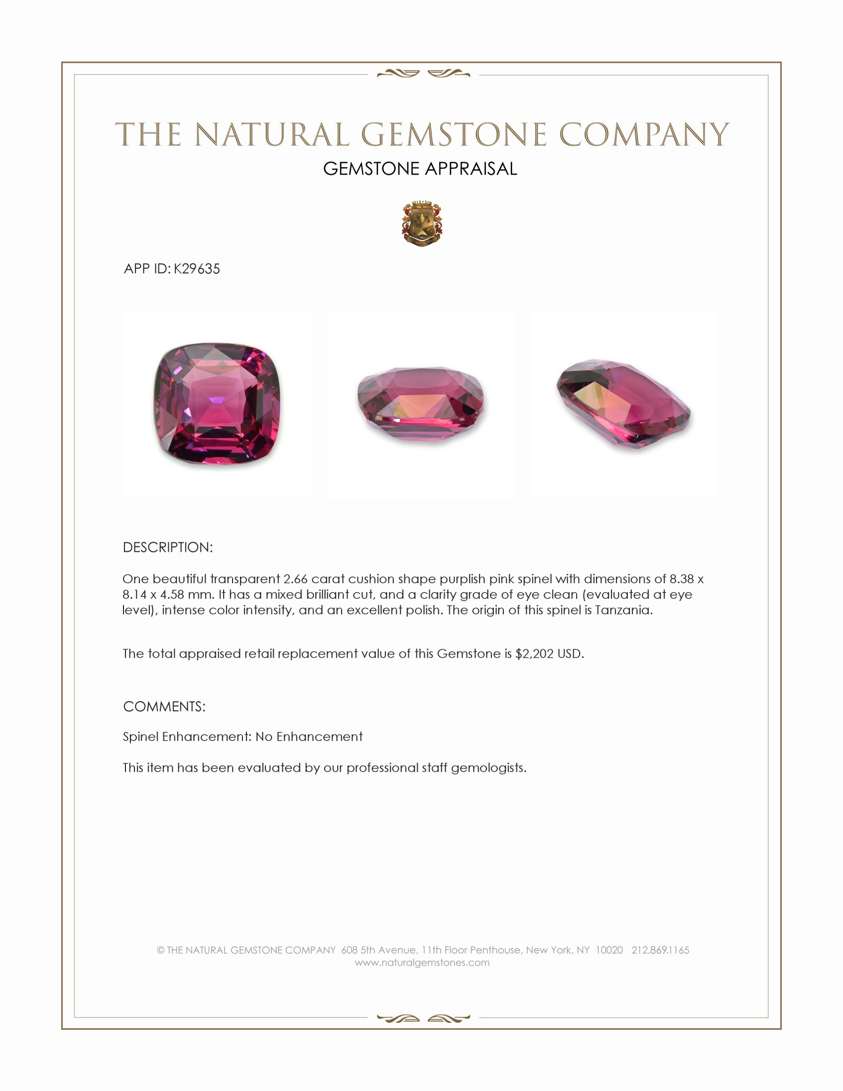 2.66 Ct. Purplish Pink Spinel from Tanzania