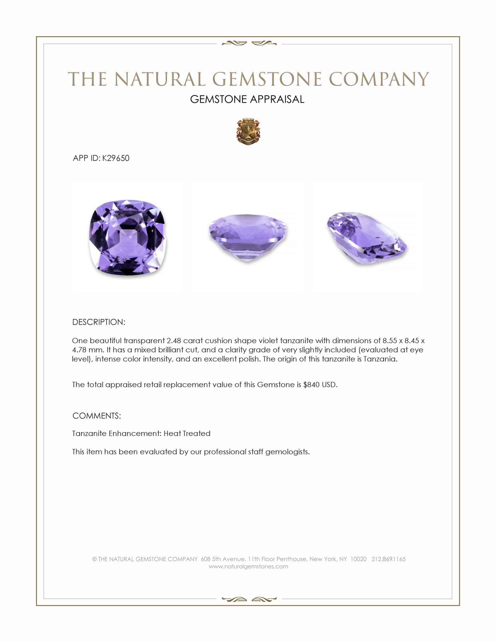 2.48 Ct. Violet Tanzanite from Tanzania