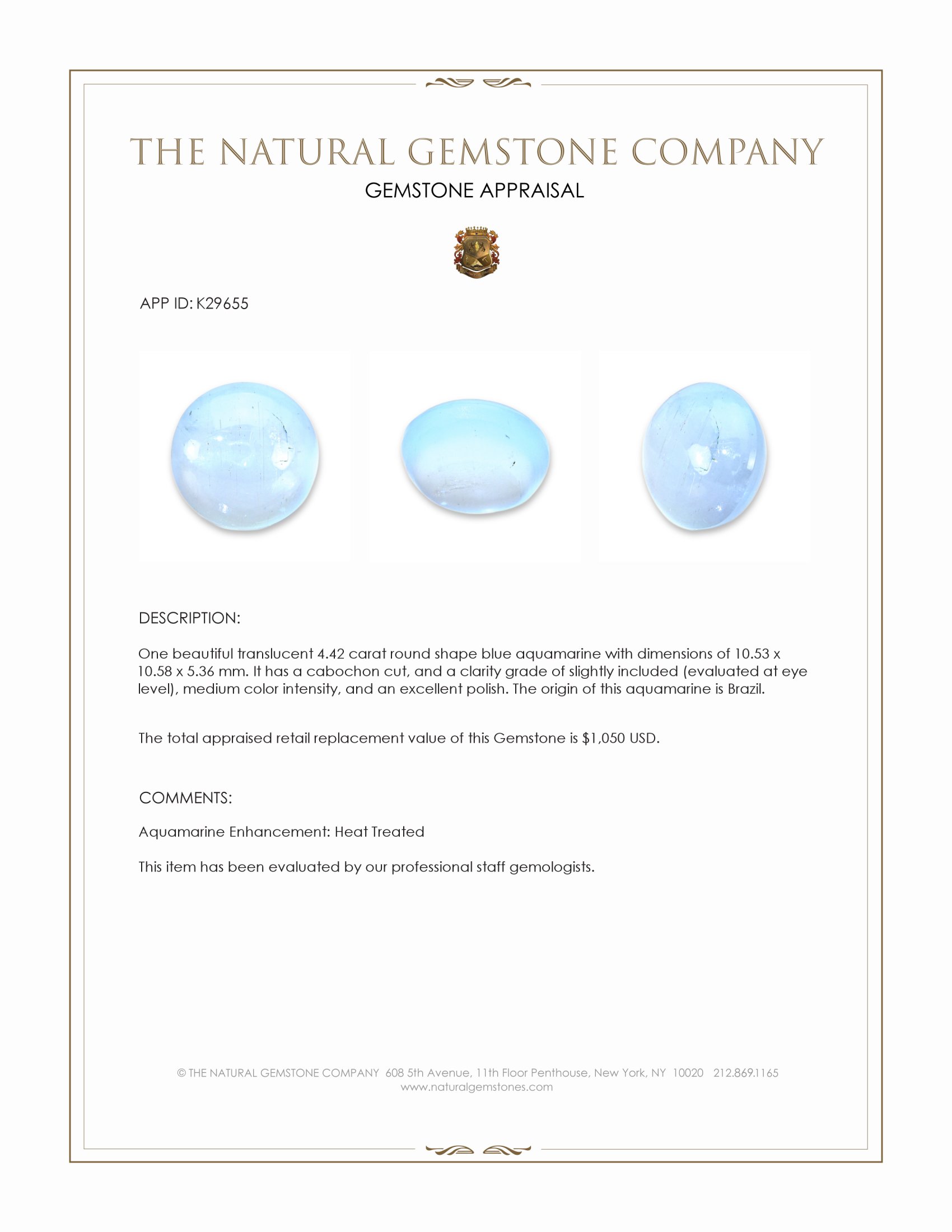 4.42 Ct. Blue Cabochon Aquamarine from Brazil
