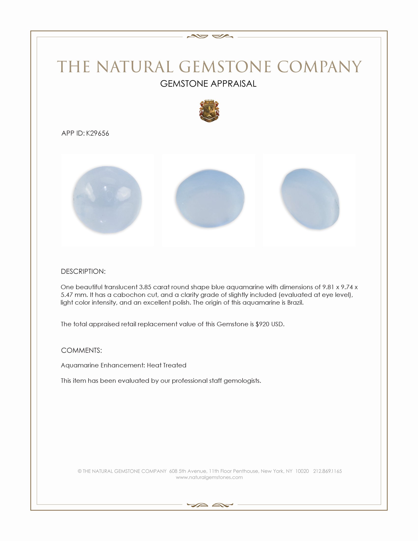 3.85 Ct. Blue Cabochon Aquamarine from Brazil
