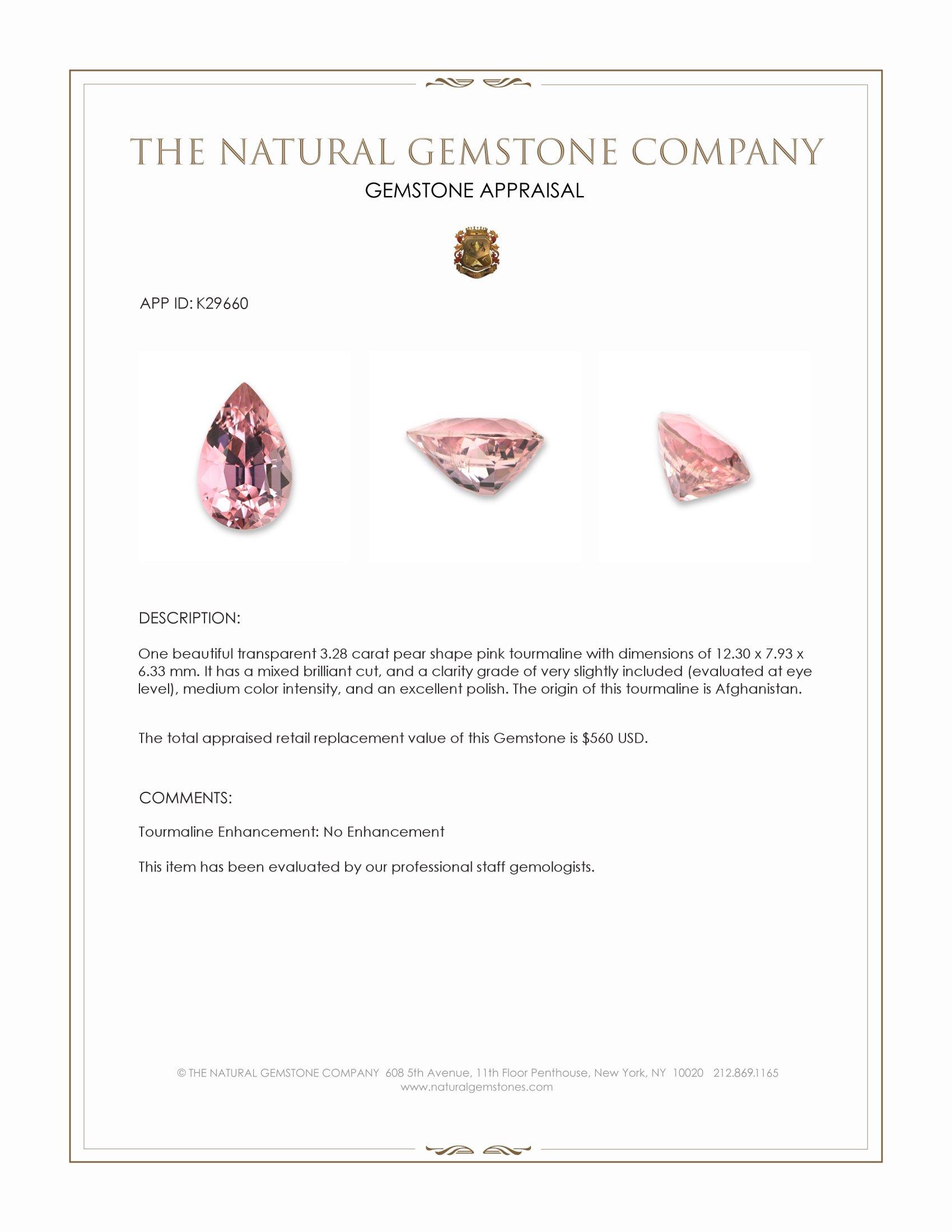 3.28 Ct. Pink Tourmaline from Afghanistan
