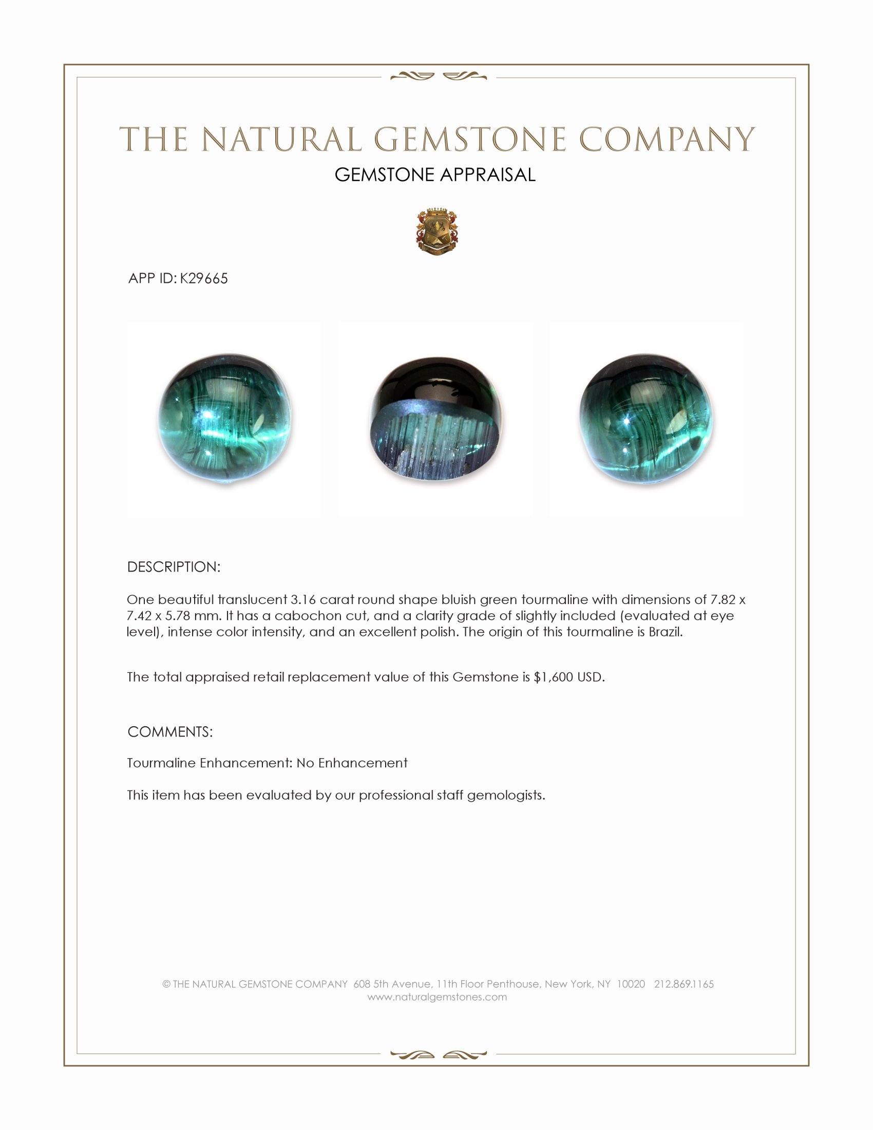 3.16 Ct. Bluish Green Cabochon Tourmaline from Brazil