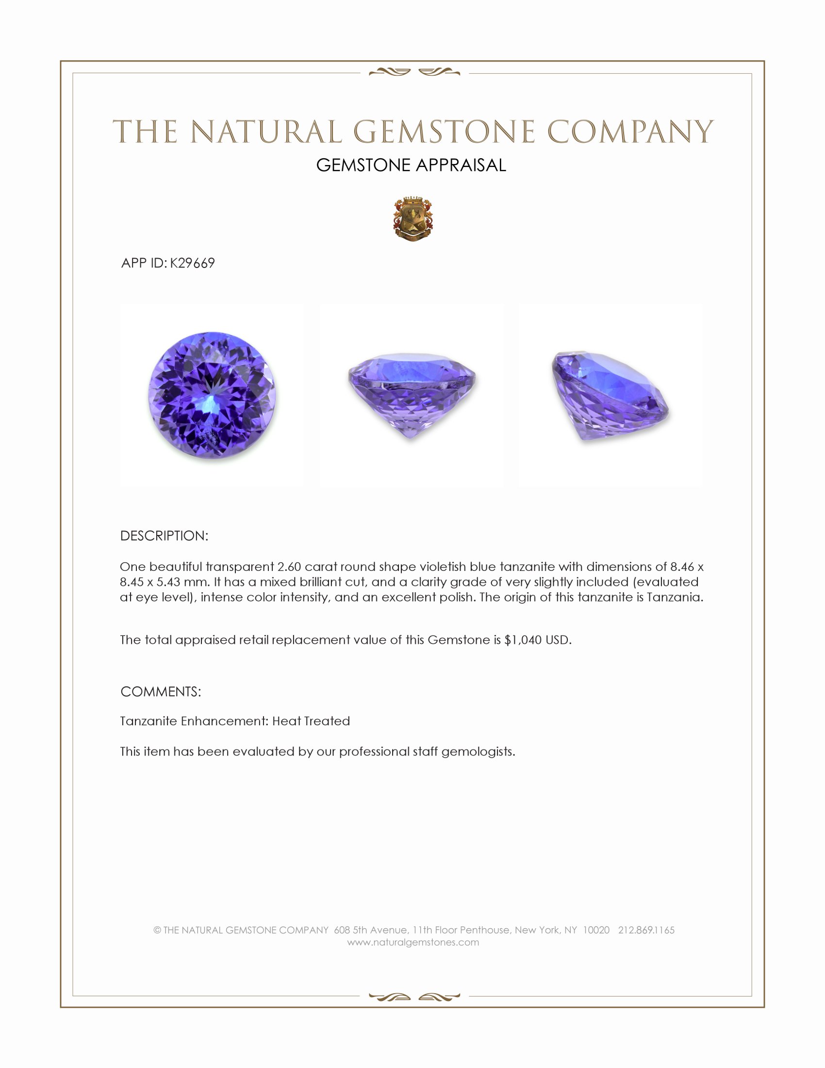 2.60 Ct. Violetish Blue Tanzanite from Tanzania
