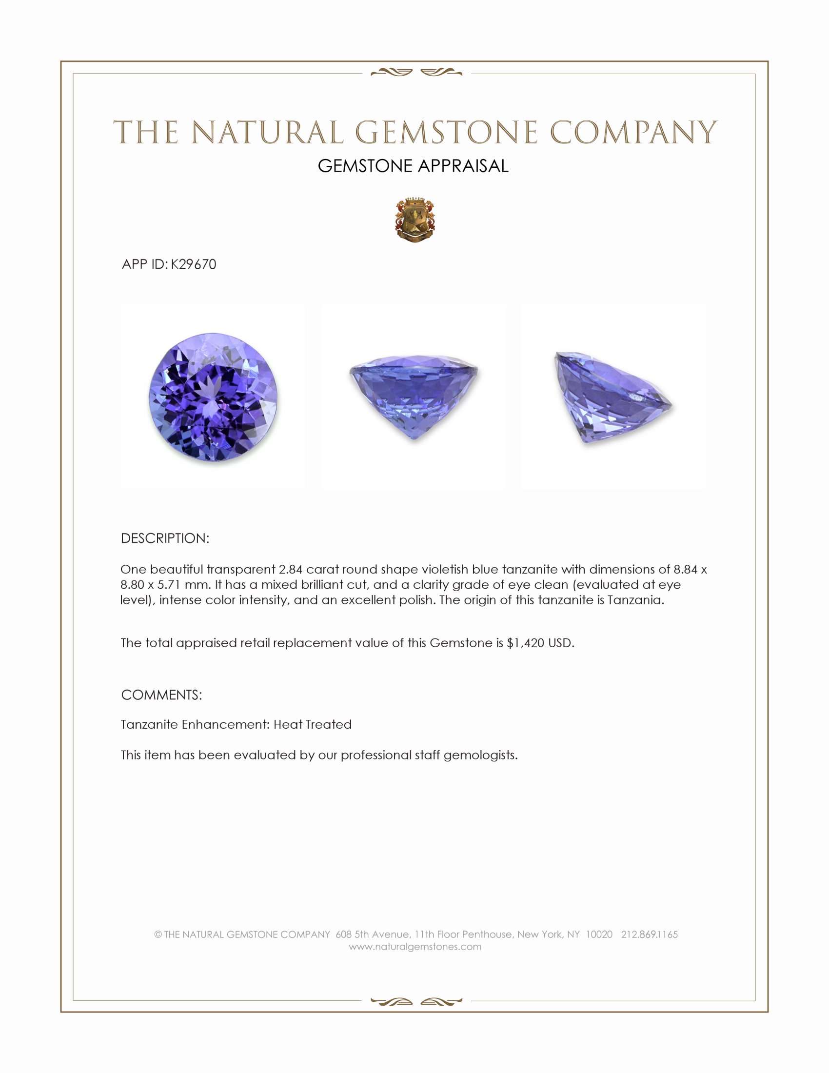 2.84 Ct. Violetish Blue Tanzanite from Tanzania