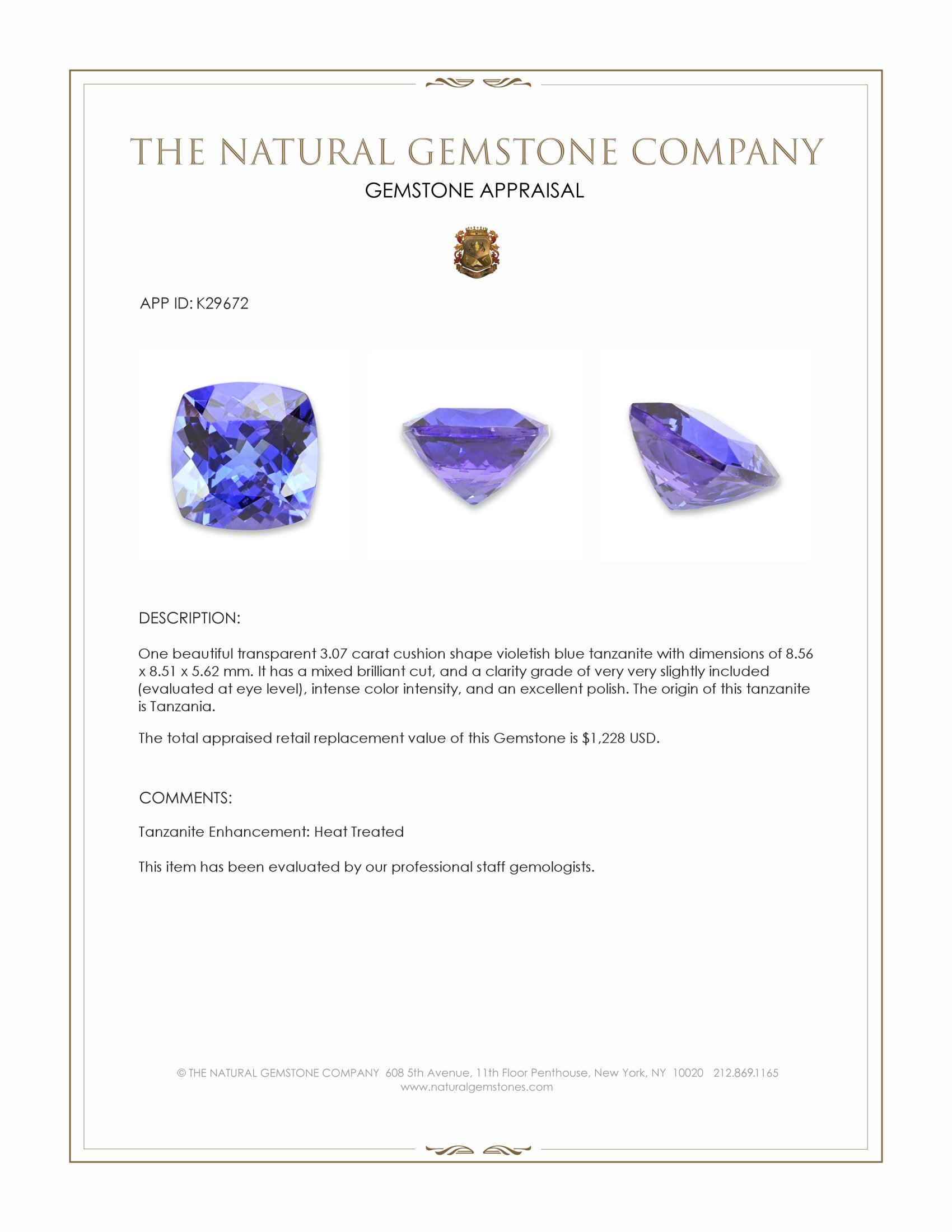 3.07 Ct. Violetish Blue Tanzanite from Tanzania