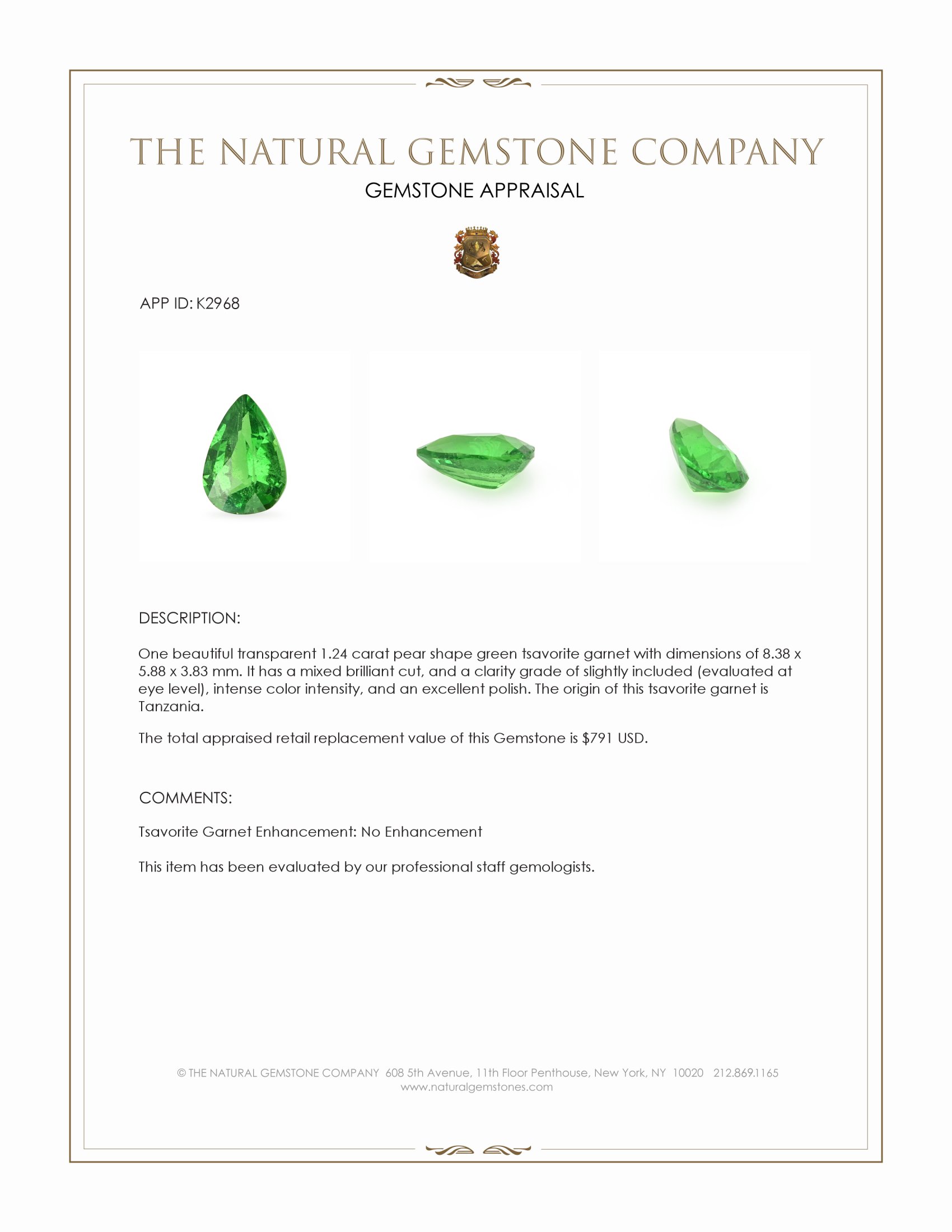 1.24 Ct. Tsavorite Garnet from Tanzania