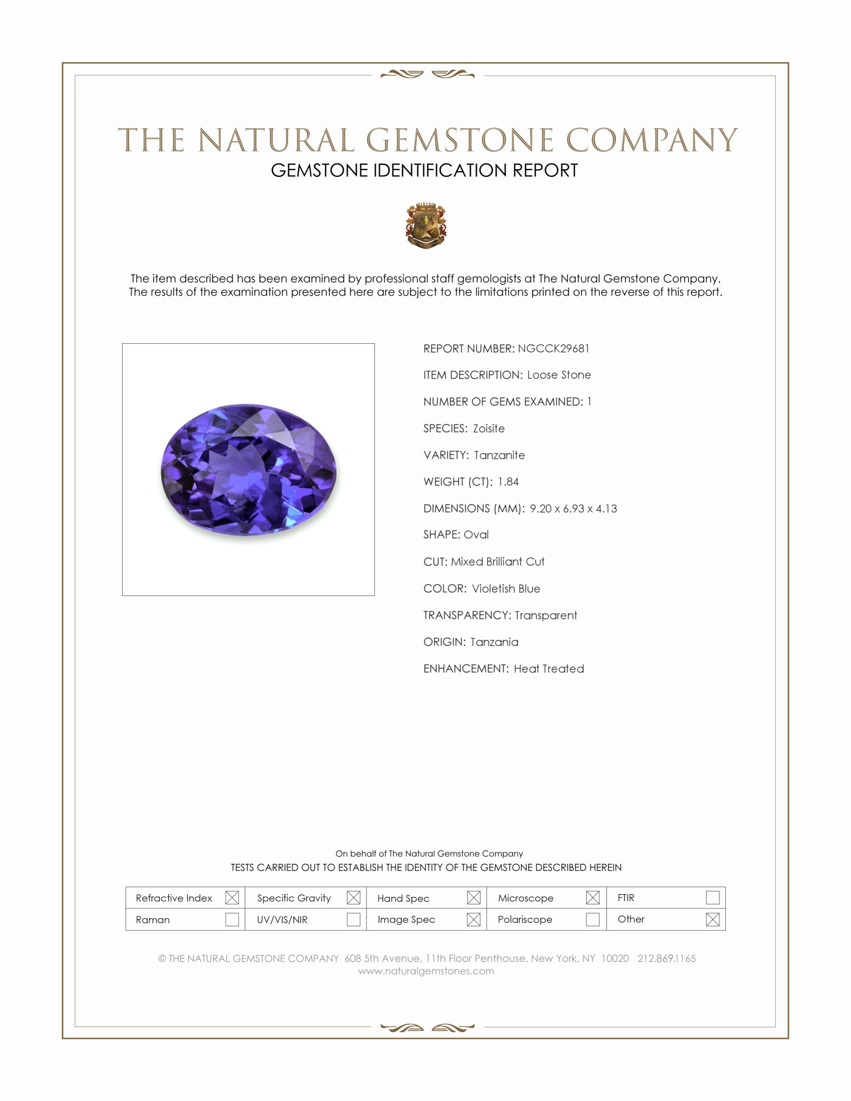 1.84 Ct. Violetish Blue Tanzanite from Tanzania