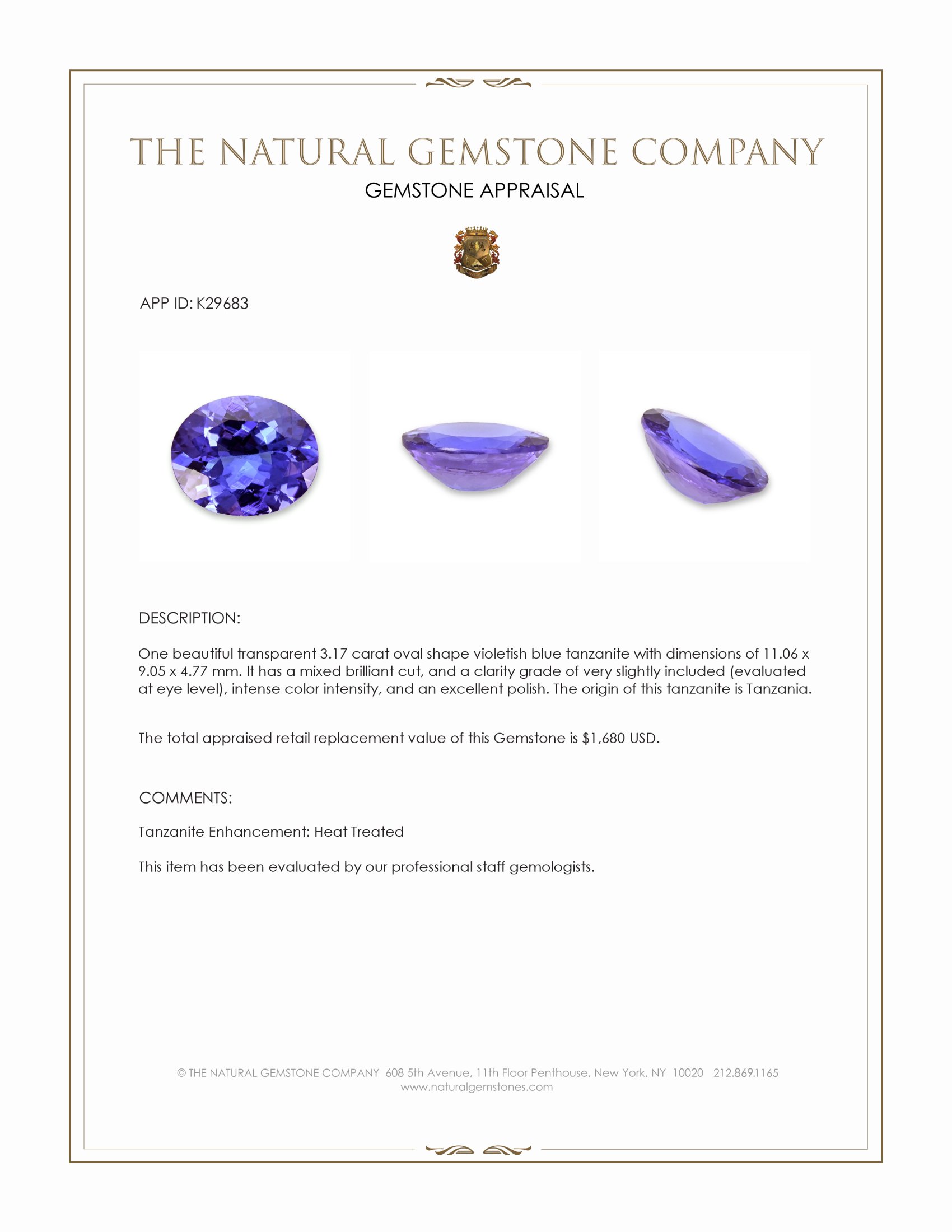 3.17 Ct. Violetish Blue Tanzanite from Tanzania