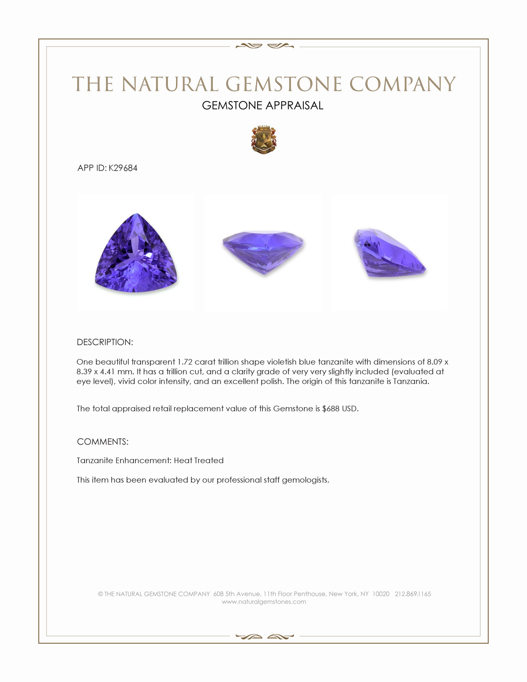 1.72 Ct. Violetish Blue Tanzanite from Tanzania