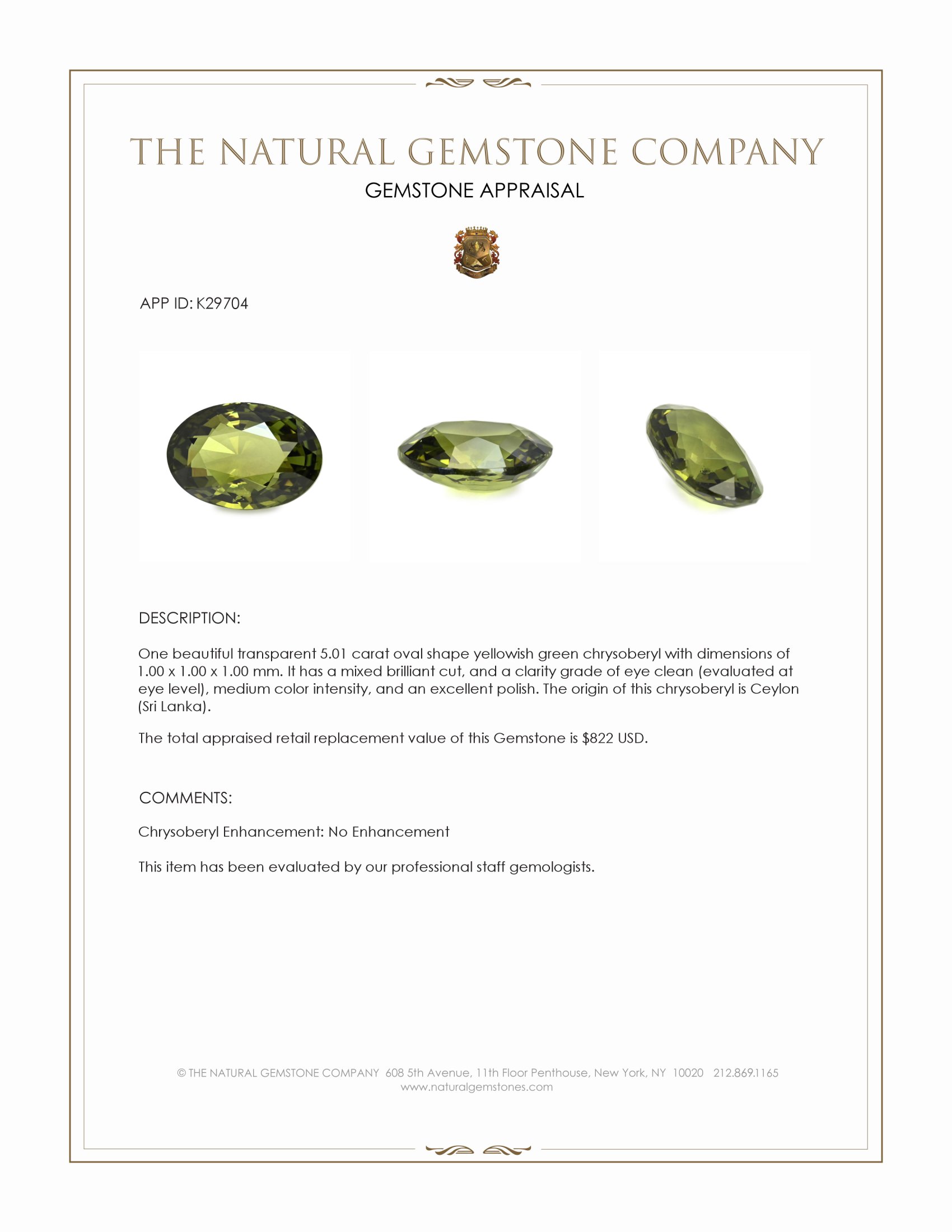 5.01 Ct. Yellowish Green Chrysoberyl from Ceylon (Sri Lanka)