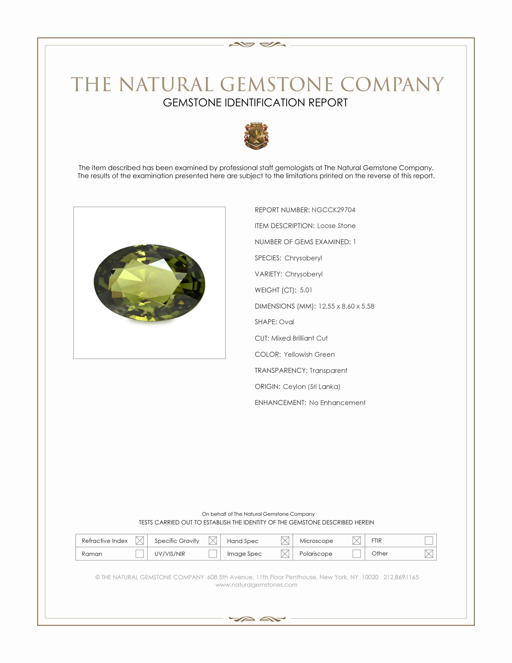 5.01 Ct. Yellowish Green Chrysoberyl from Ceylon (Sri Lanka)
