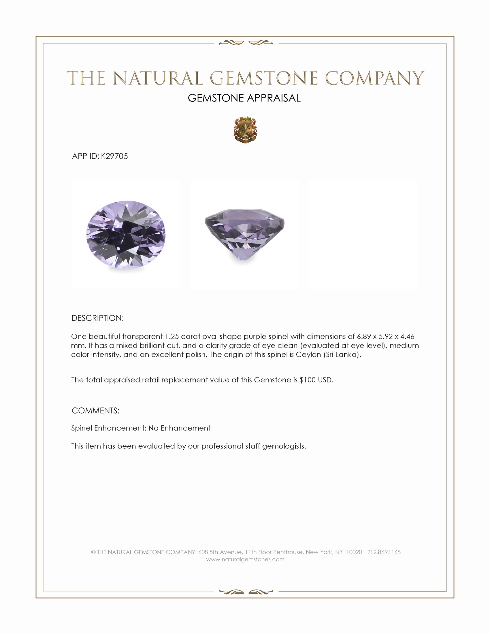 1.25 Ct. Purple Spinel from Ceylon (Sri Lanka)