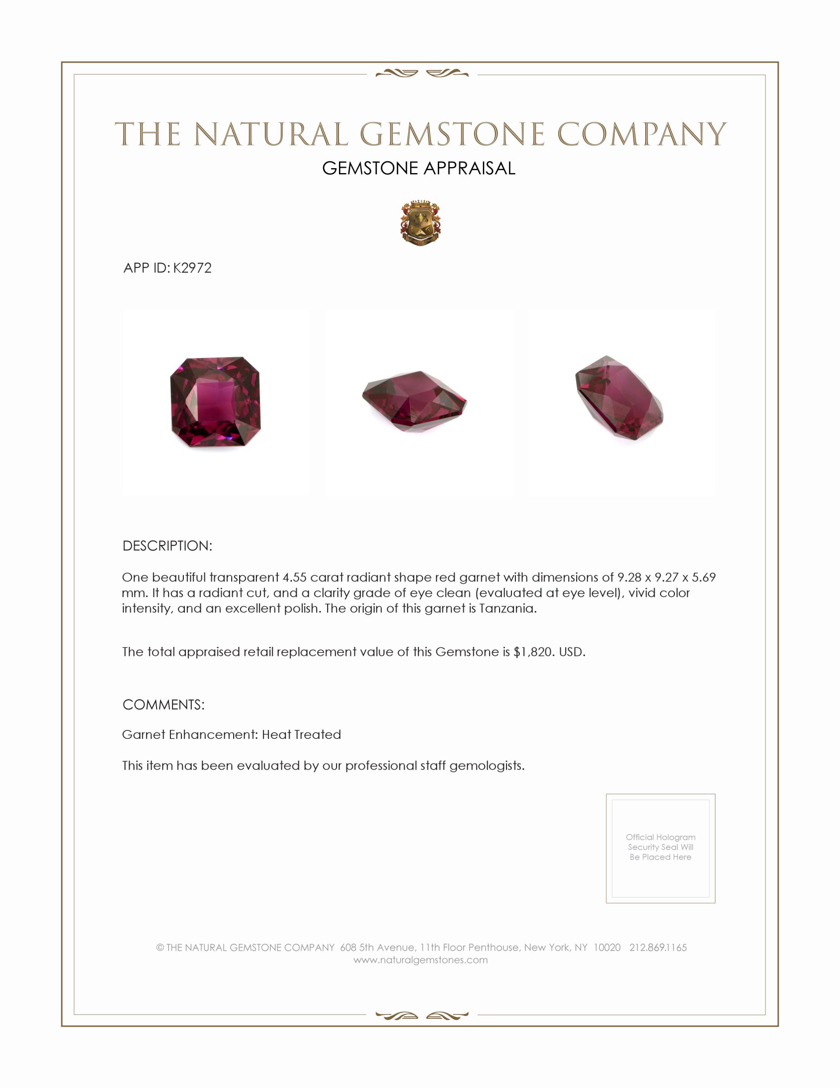 4.55 Ct. Garnet from Tanzania