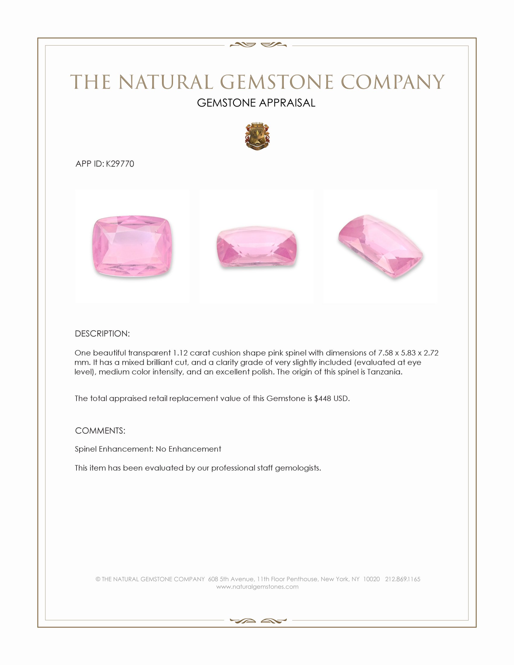 1.12 Ct. Pink Spinel from Tanzania