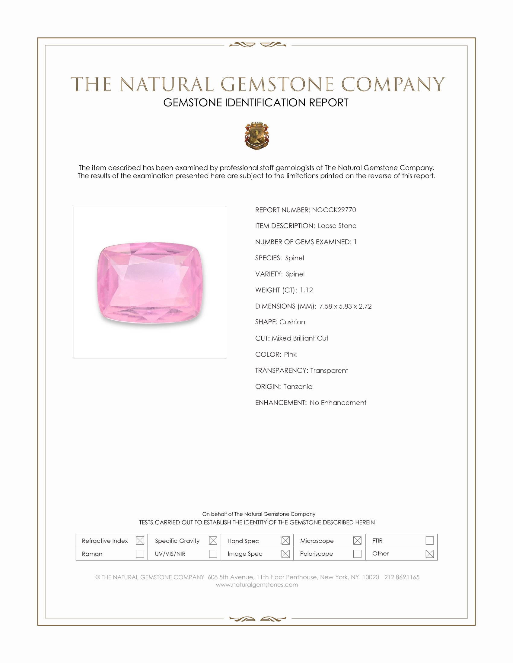 1.12 Ct. Pink Spinel from Tanzania