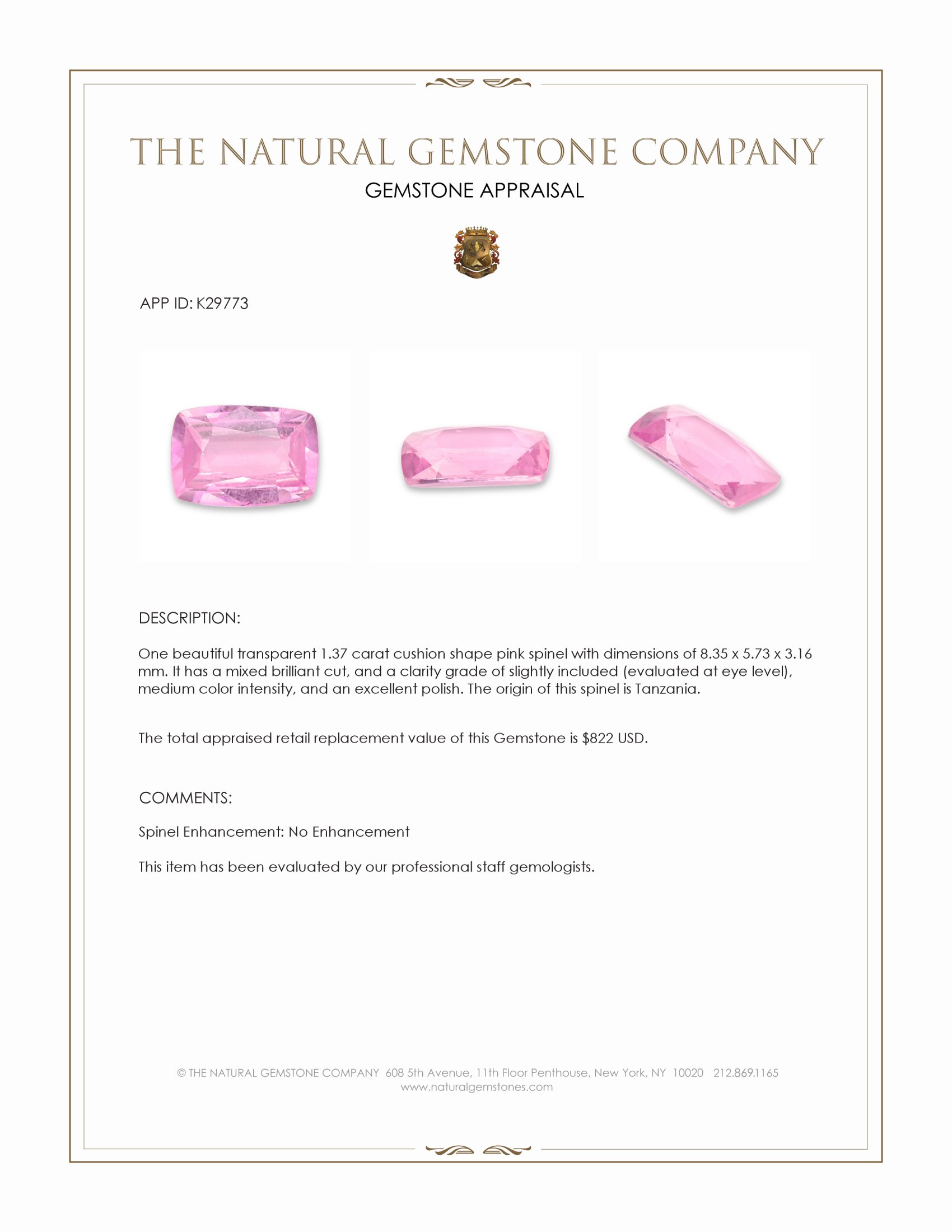 1.37 Ct. Pink Spinel from Tanzania