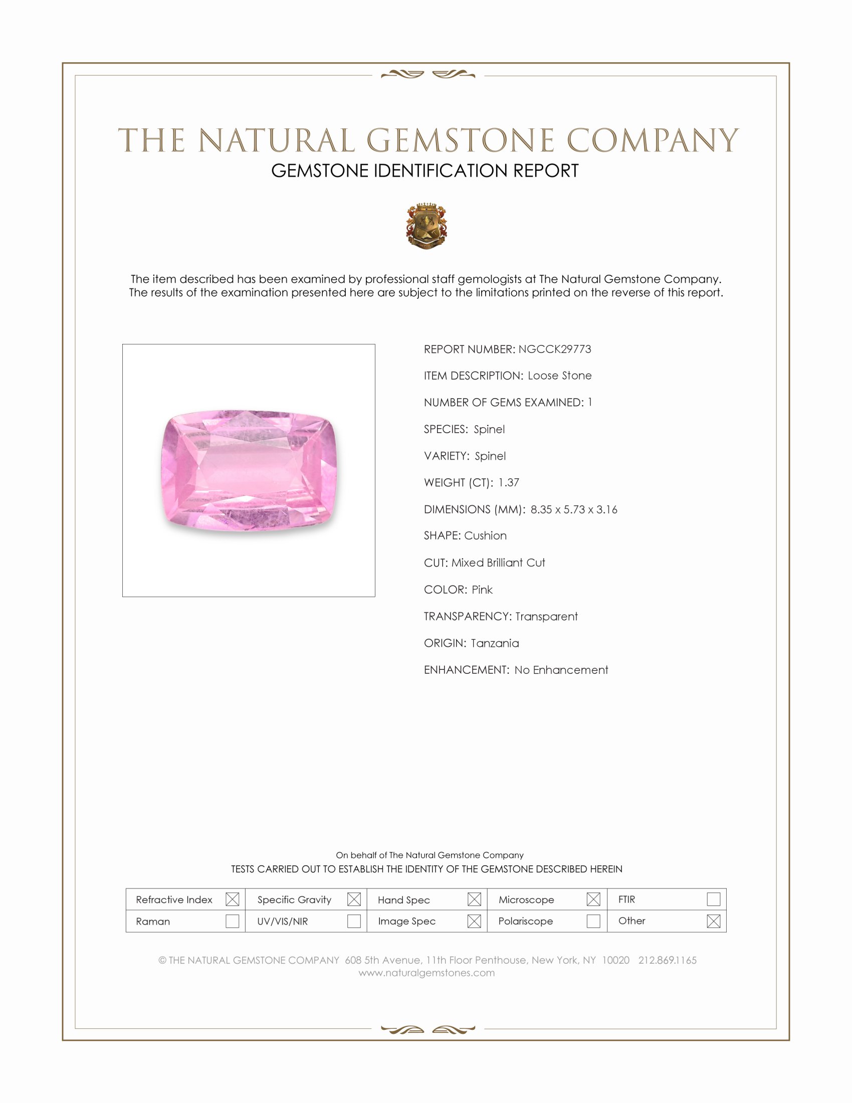 1.37 Ct. Pink Spinel from Tanzania