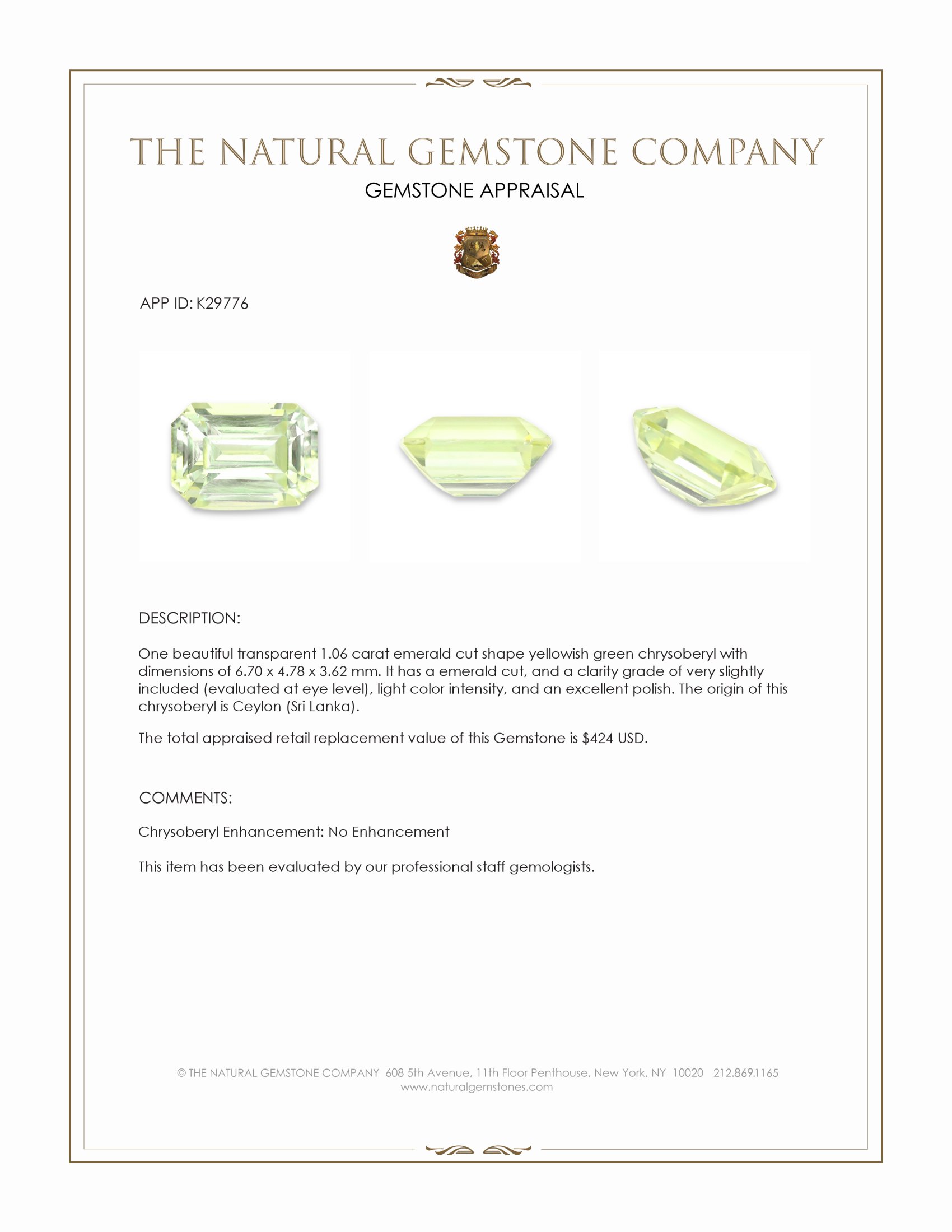 1.06 Ct. Yellowish Green Chrysoberyl from Ceylon (Sri Lanka)