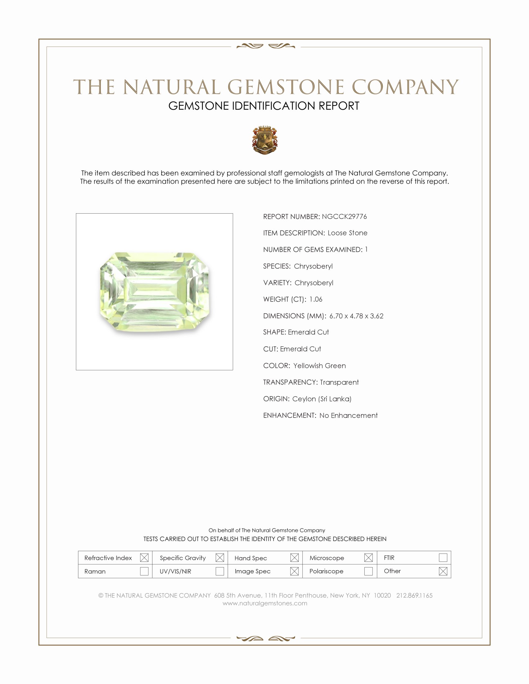 1.06 Ct. Yellowish Green Chrysoberyl from Ceylon (Sri Lanka)