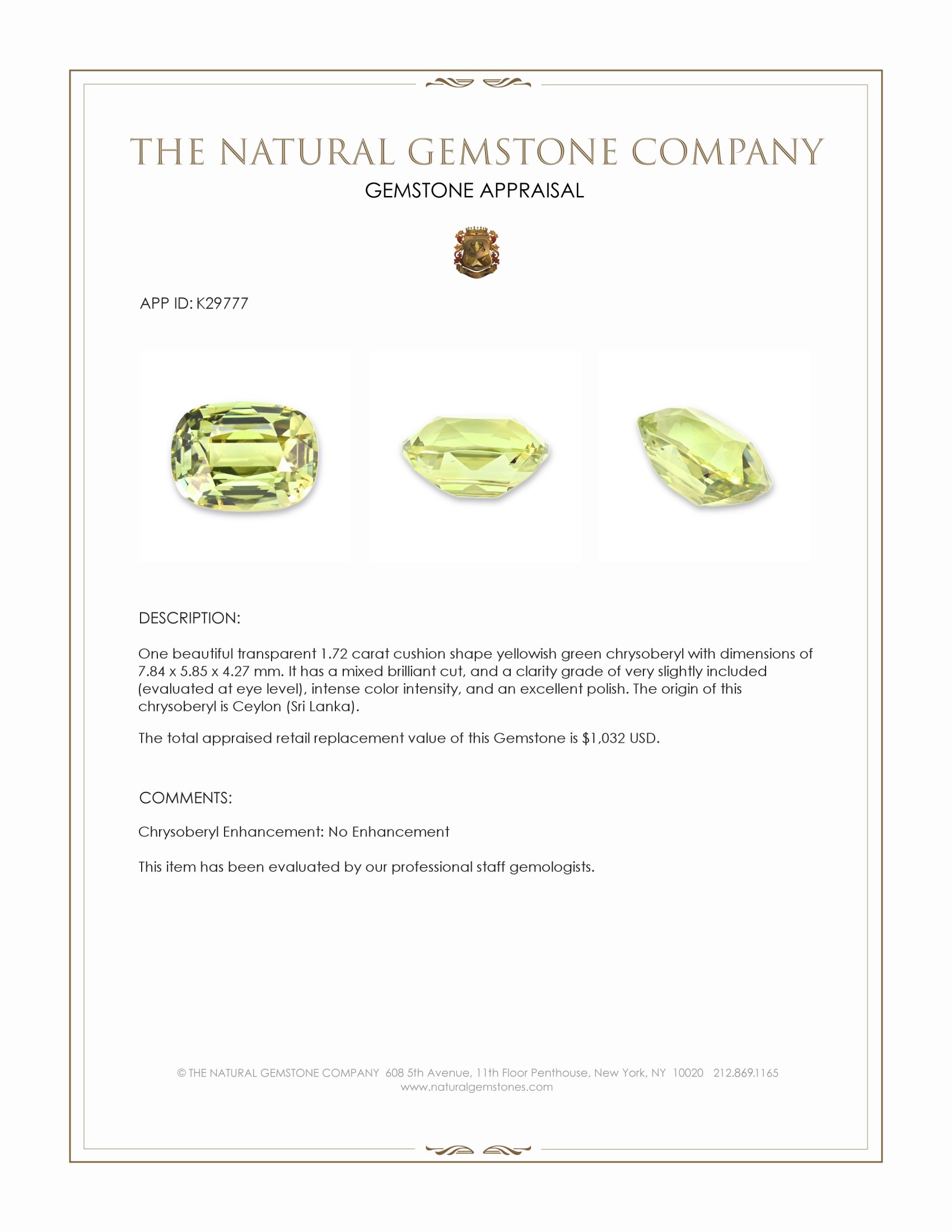 1.72 Ct. Yellowish Green Chrysoberyl from Ceylon (Sri Lanka)