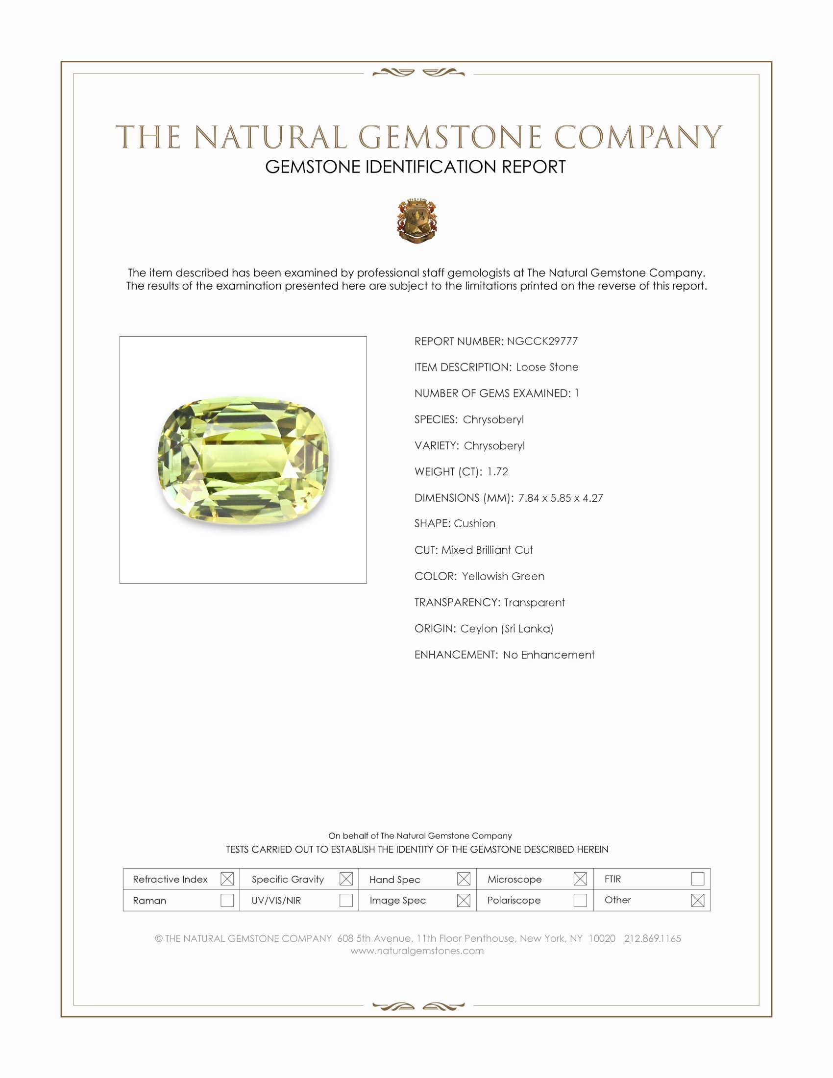 1.72 Ct. Yellowish Green Chrysoberyl from Ceylon (Sri Lanka)