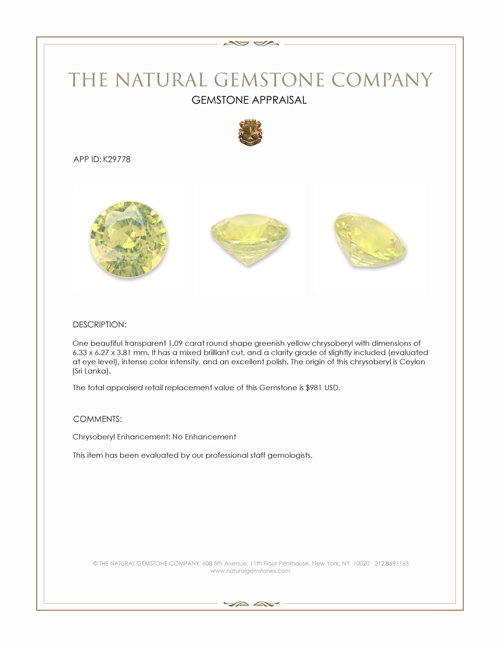1.09 Ct. Greenish Yellow Chrysoberyl from Ceylon (Sri Lanka)