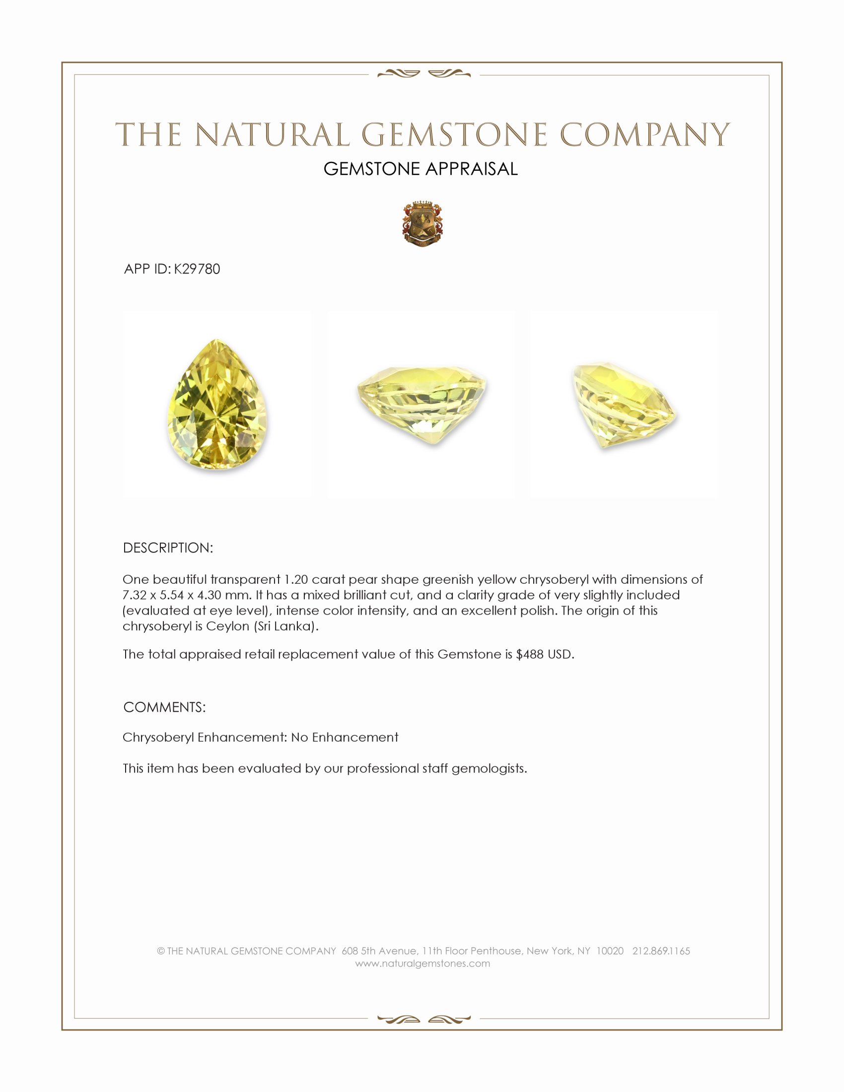 1.20 Ct. Greenish Yellow Chrysoberyl from Ceylon (Sri Lanka)
