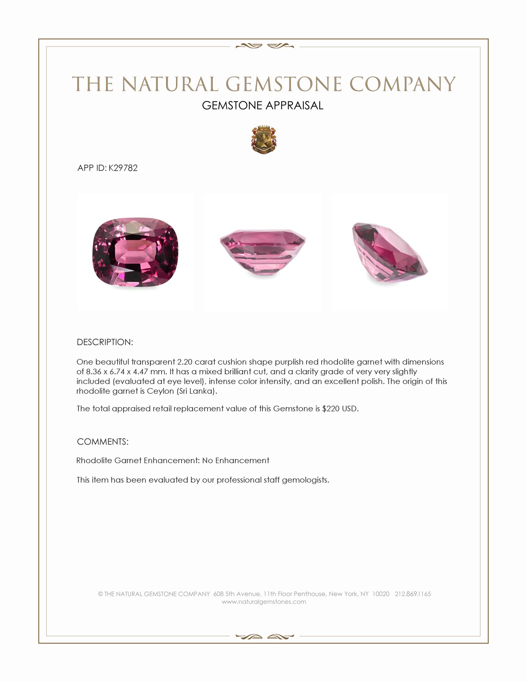 2.20 Ct. Purplish Red Rhodolite Garnet from Ceylon (Sri Lanka)
