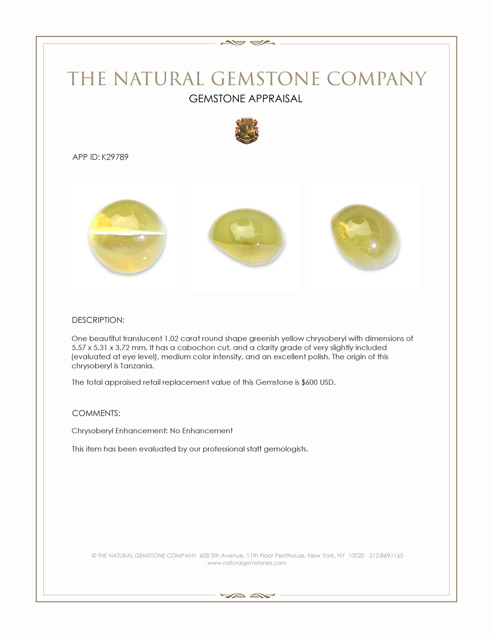 1.02 Ct. Greenish Yellow Cabochon Chrysoberyl from Tanzania