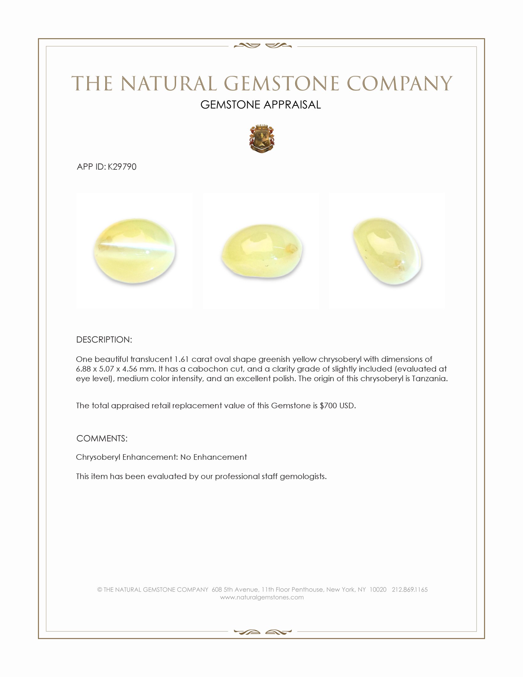 1.61 Ct. Greenish Yellow Cabochon Chrysoberyl from Tanzania