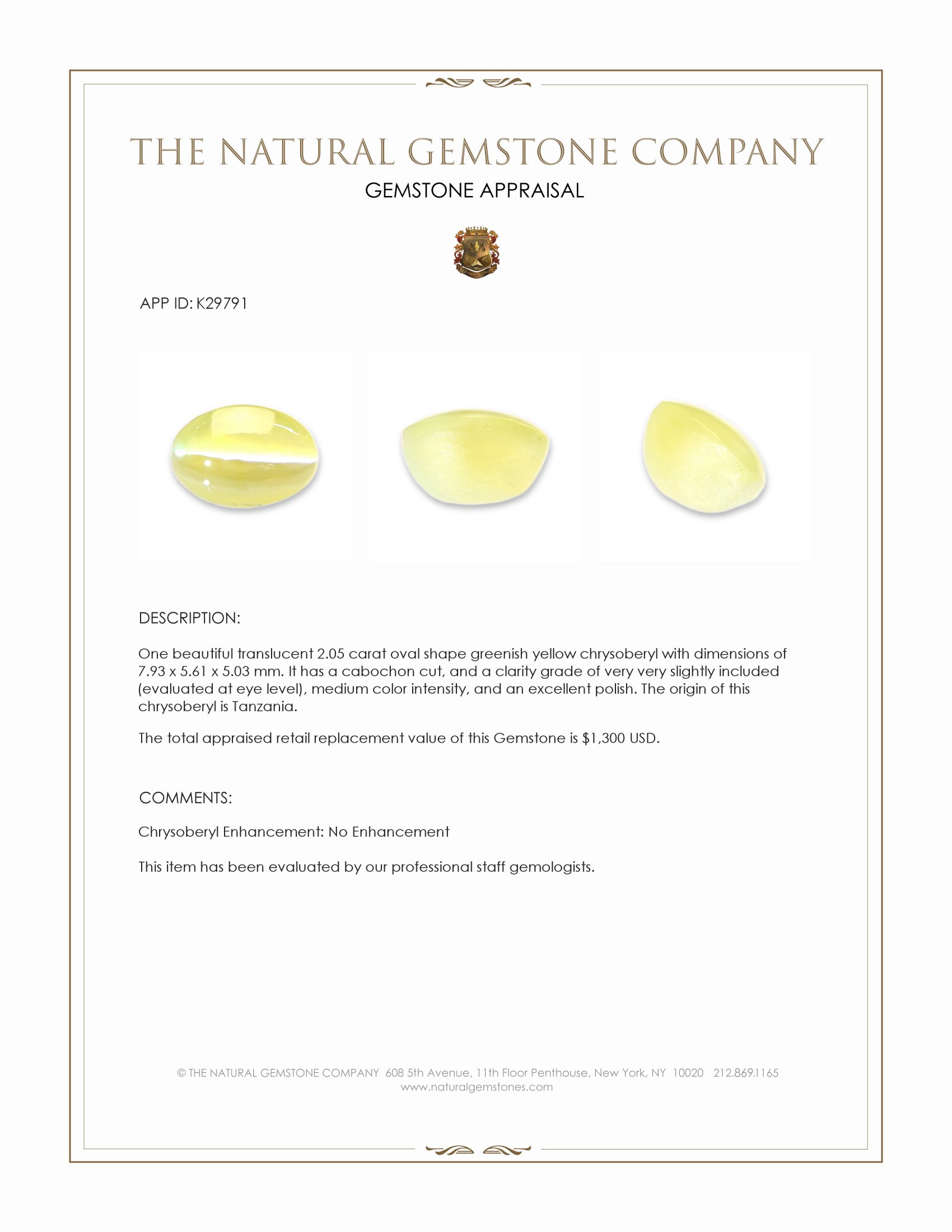 2.05 Ct. Greenish Yellow Cabochon Chrysoberyl from Tanzania