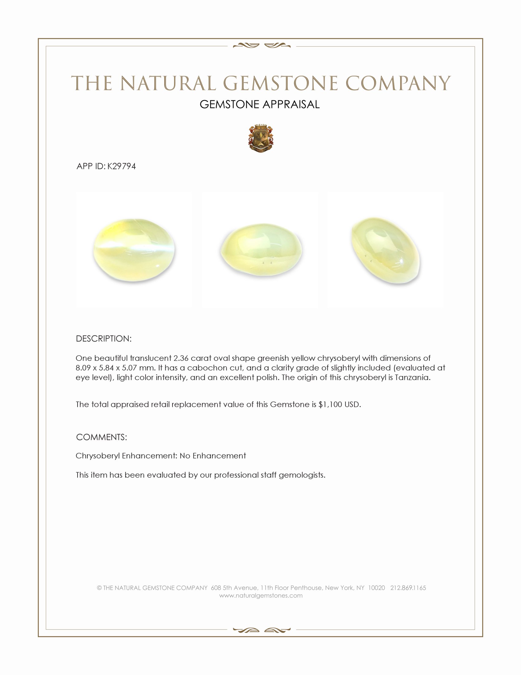 2.36 Ct. Greenish Yellow Cabochon Chrysoberyl from Tanzania