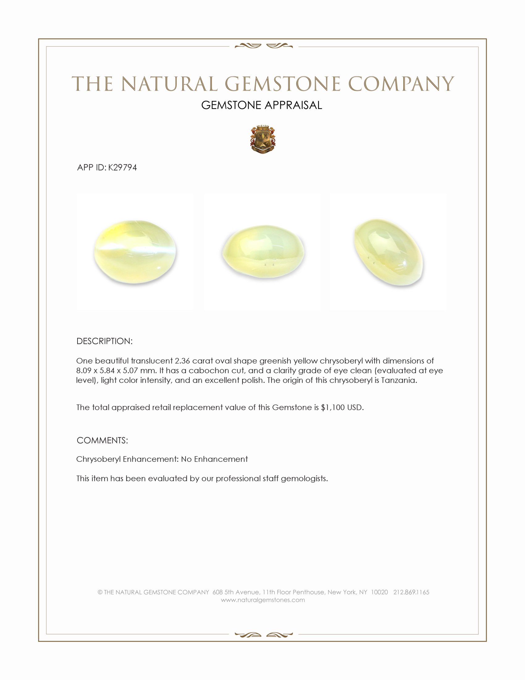 2.36 Ct. Greenish Yellow Cabochon Chrysoberyl from Tanzania