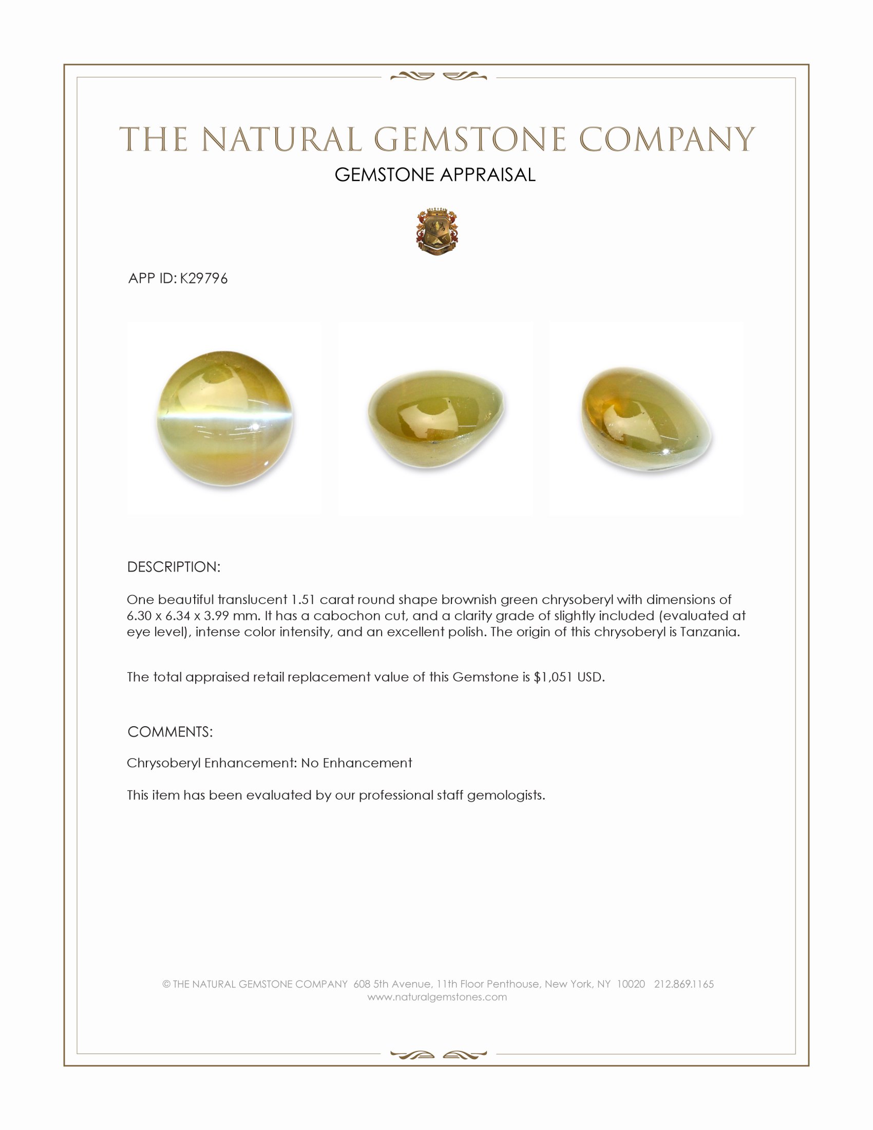 1.51 Ct. Brownish Green Cabochon Chrysoberyl from Tanzania