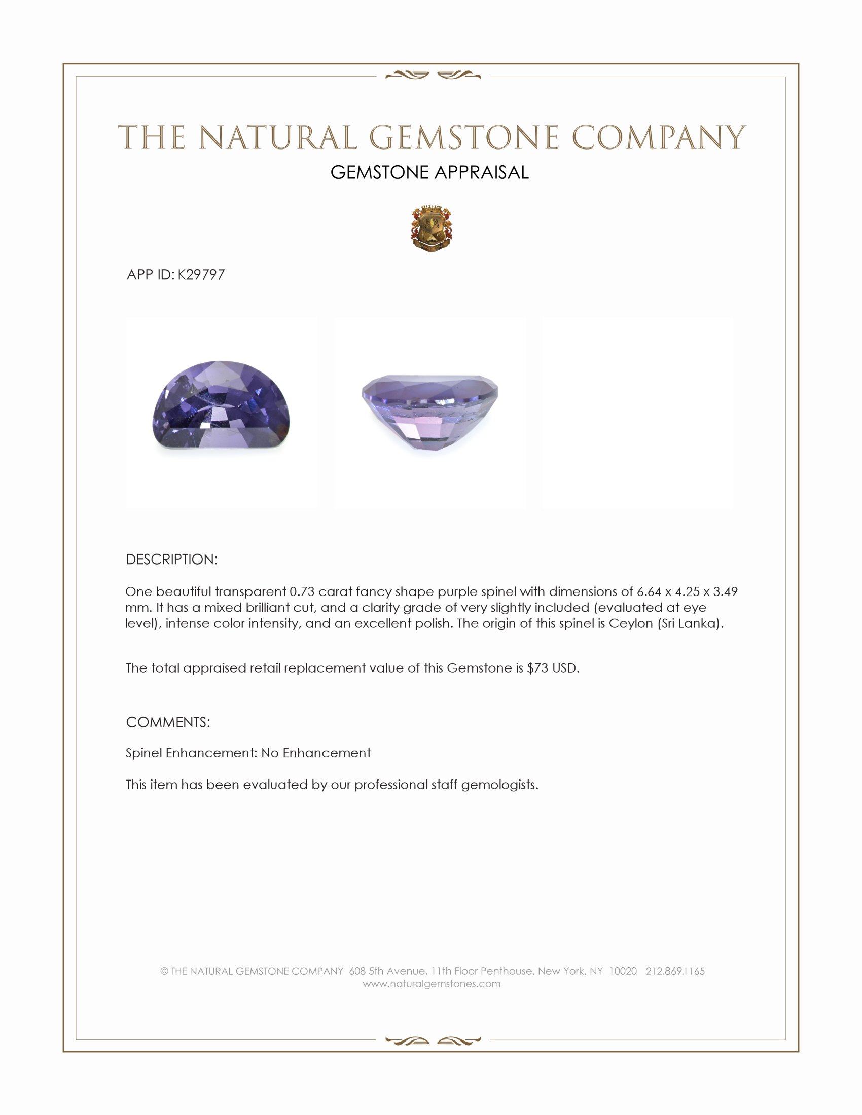 0.73 Ct. Purple Spinel from Ceylon (Sri Lanka)