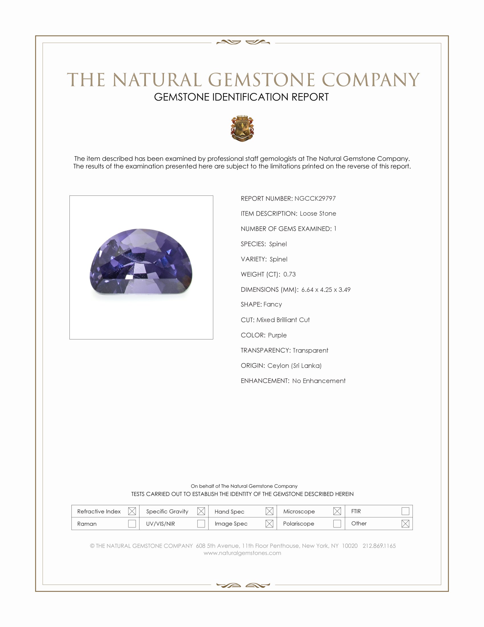 0.73 Ct. Purple Spinel from Ceylon (Sri Lanka)