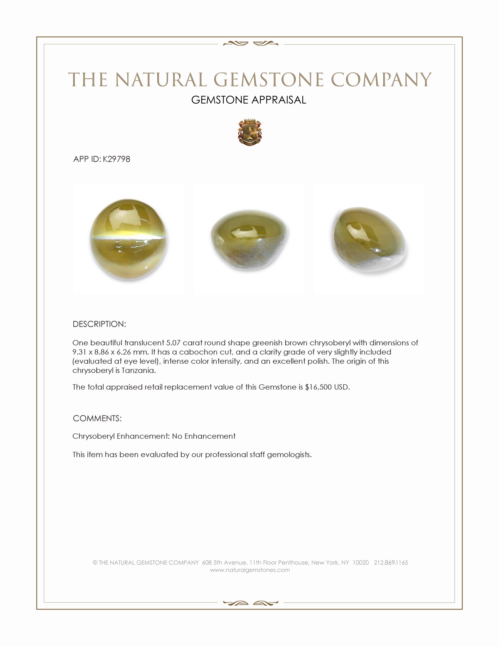5.07 Ct. Greenish Brown Cabochon Chrysoberyl from Tanzania