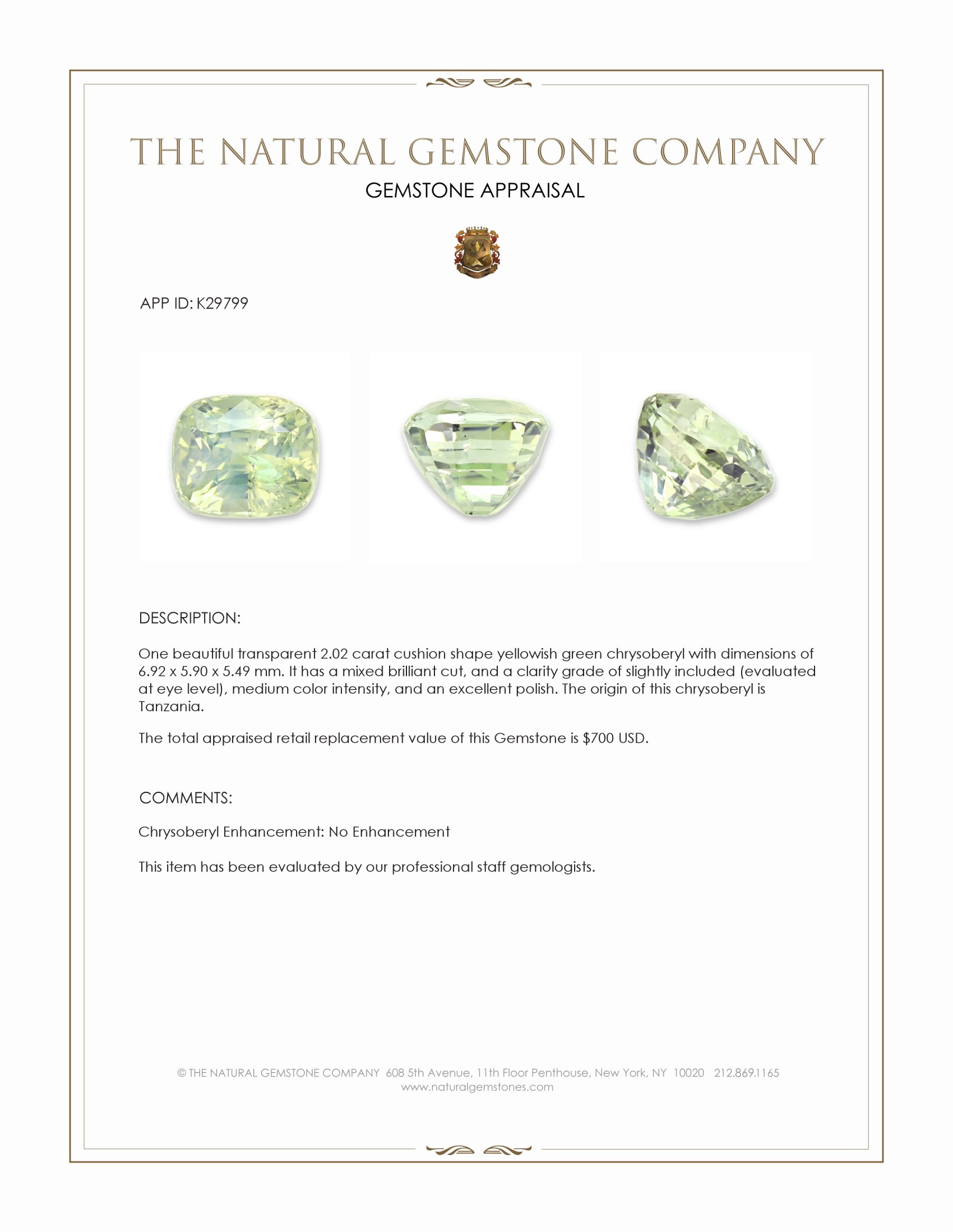 2.02 Ct. Yellowish Green Chrysoberyl from Tanzania
