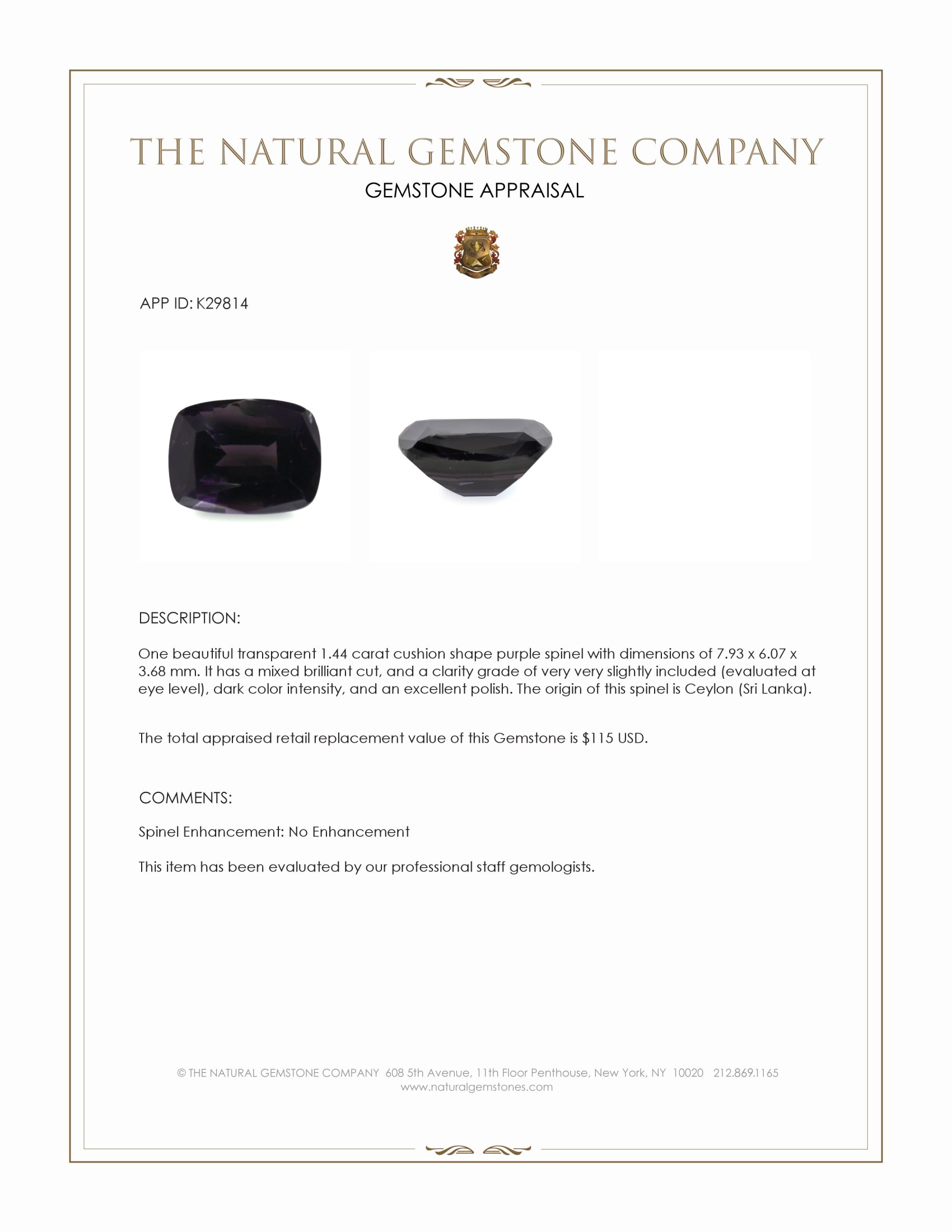 1.44 Ct. Purple Spinel from Ceylon (Sri Lanka)