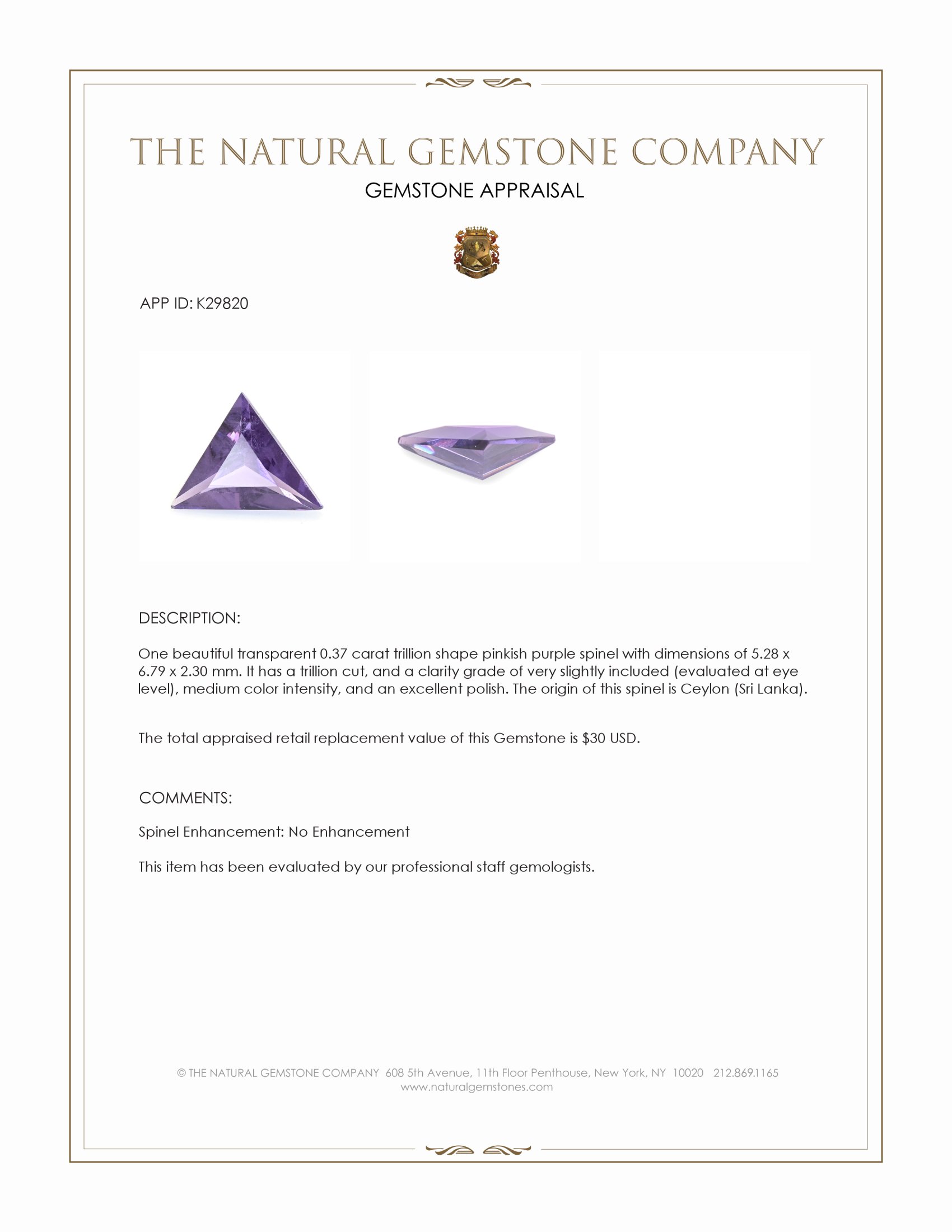 0.37 Ct. Pinkish Purple Spinel from Ceylon (Sri Lanka)