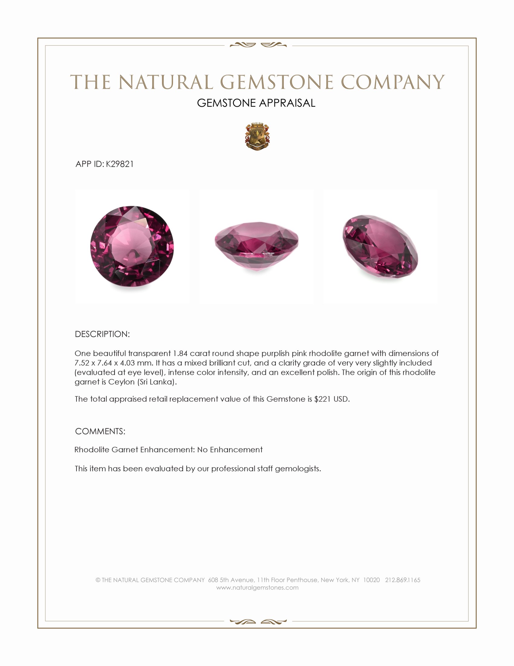 1.84 Ct. Purplish Pink Rhodolite Garnet from Ceylon (Sri Lanka)